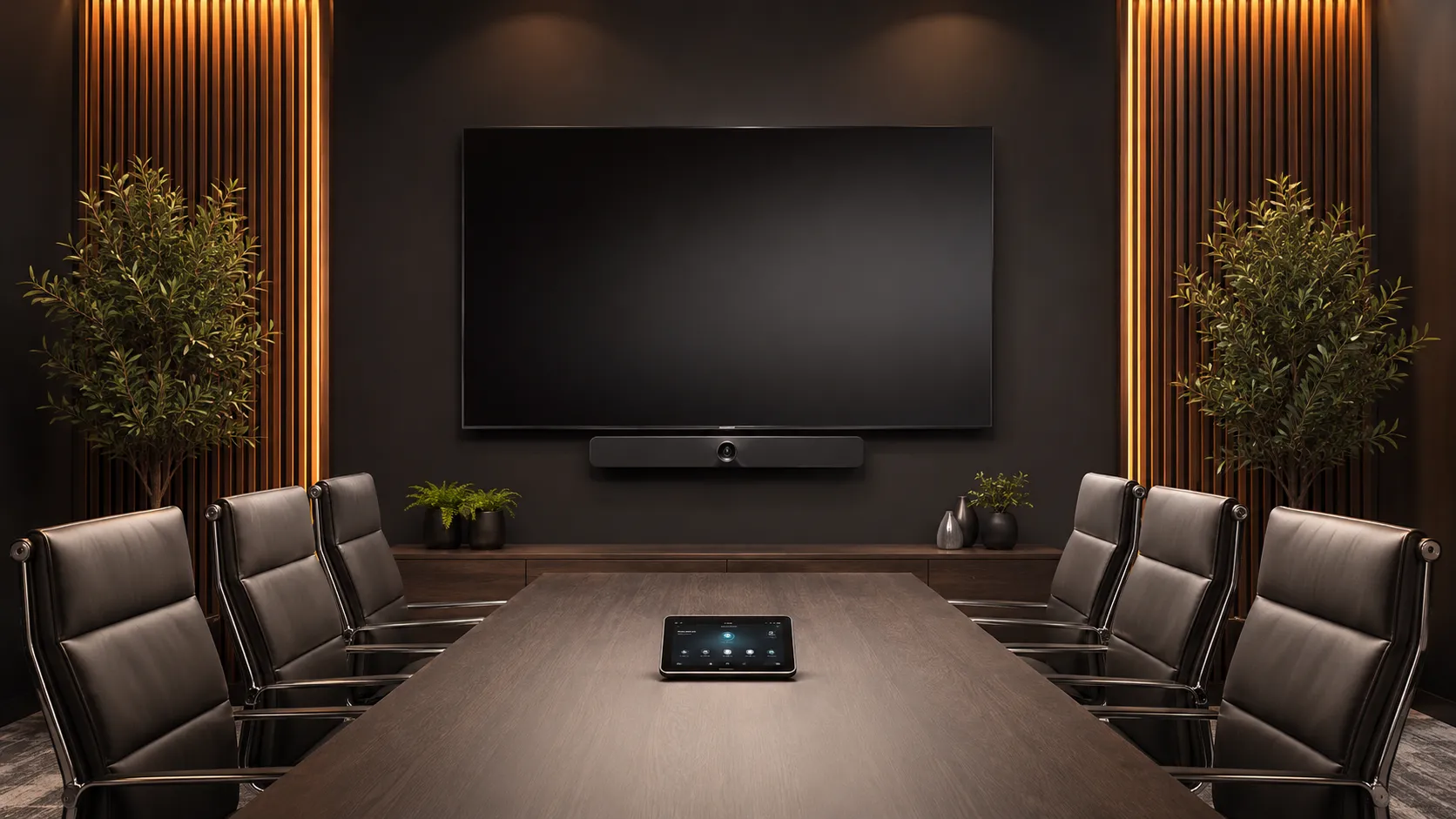 Jabra PanaCast 50 VBS conference bar mounted below a display in a medium meeting room — warm amber lighting, dark charcoal walls — Kickstart Computers Australia
