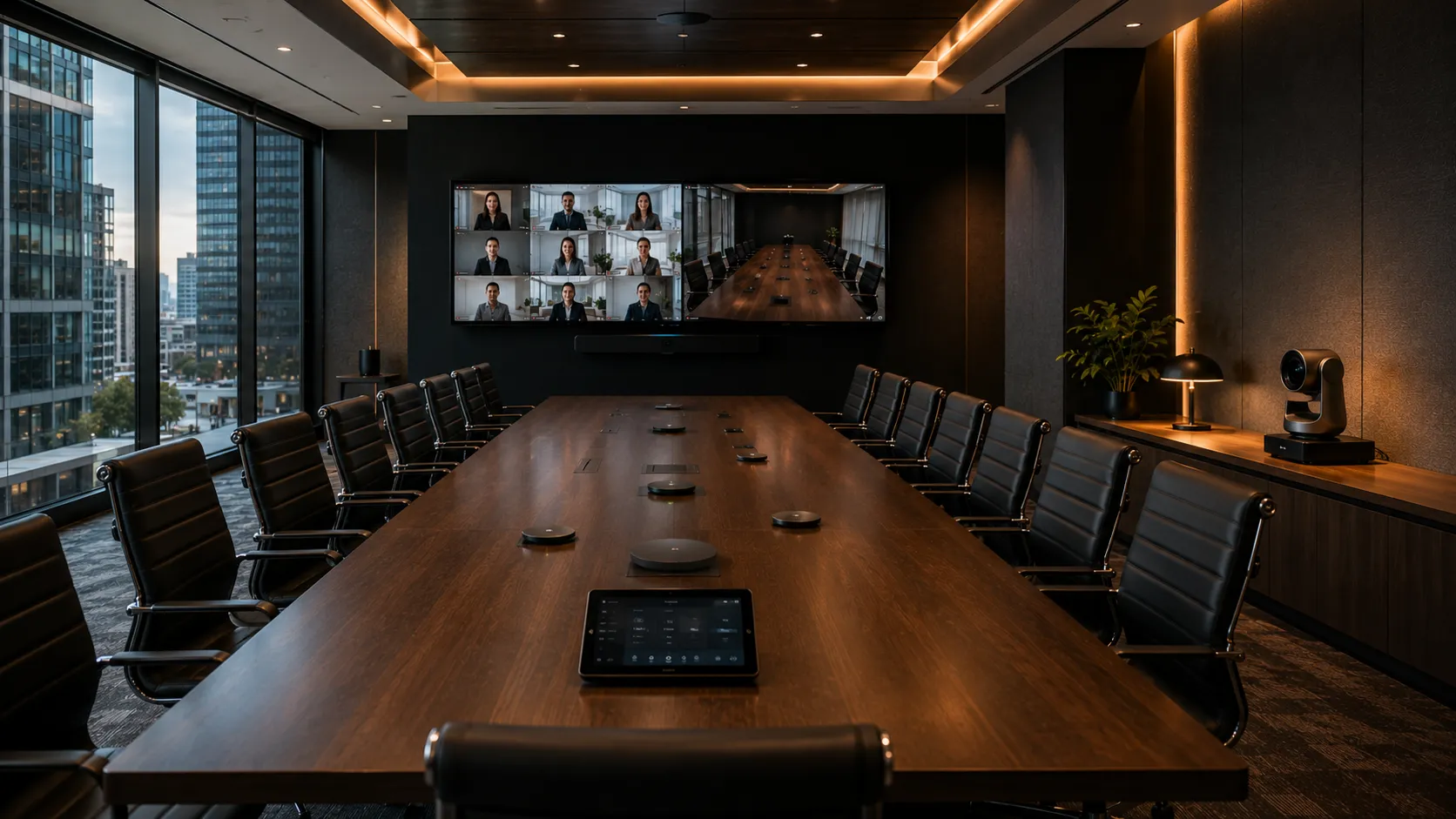 Large corporate boardroom with 12 to 20 seats, dual displays, PTZ camera, ceiling microphone array