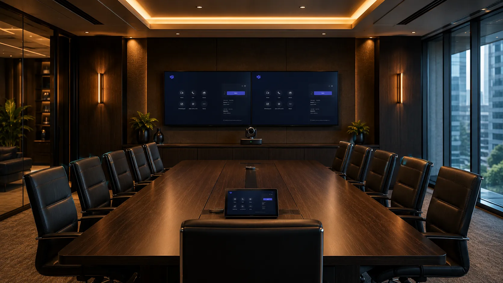 Large corporate boardroom Teams Rooms setup with PTZ camera and dual display screens