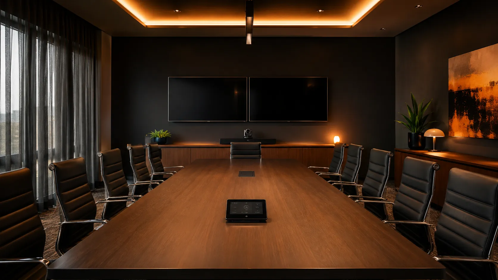 Large meeting room with rectangular conference table seating 12 to 16, PTZ camera on credenza, dual wall-mounted displays, warm amber lighting — Kickstart Computers Australia