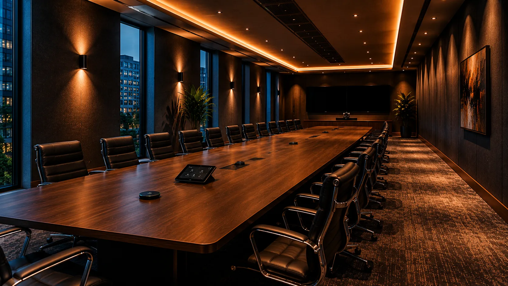 Large meeting room showing microphone placement challenge — long rectangular table with participants at far end, ceiling reflections visible — Kickstart Computers Australia