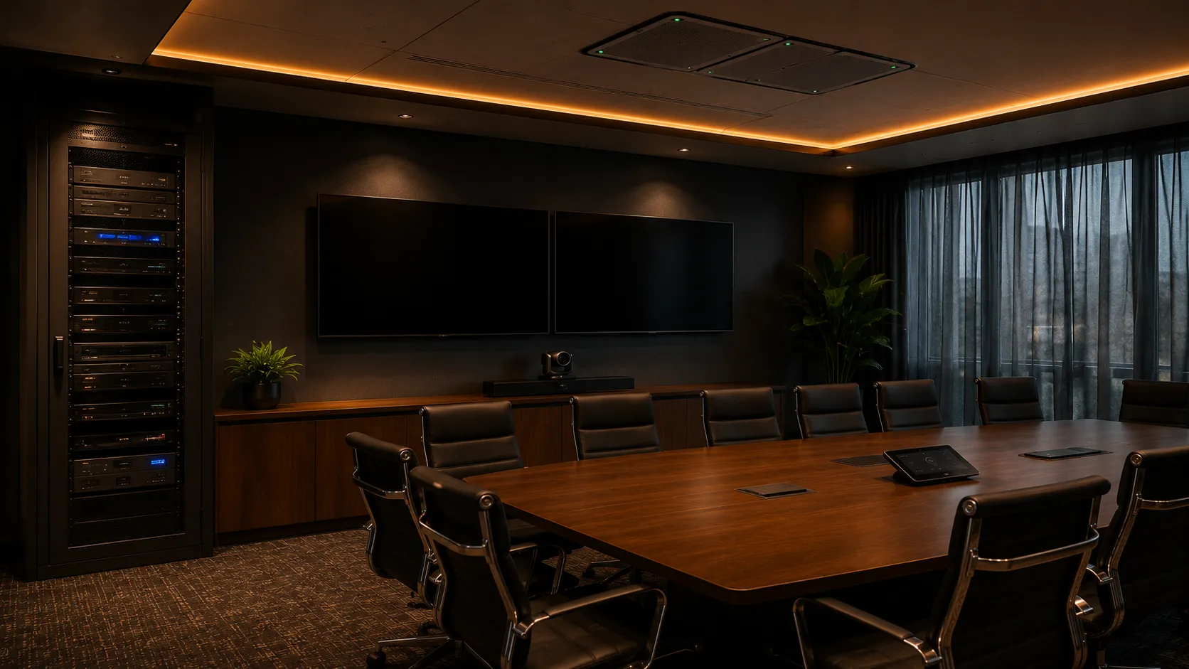 Large meeting room AV rack with dedicated compute unit, PTZ camera and ceiling microphone array installed — professional AV integration — Kickstart Computers Australia