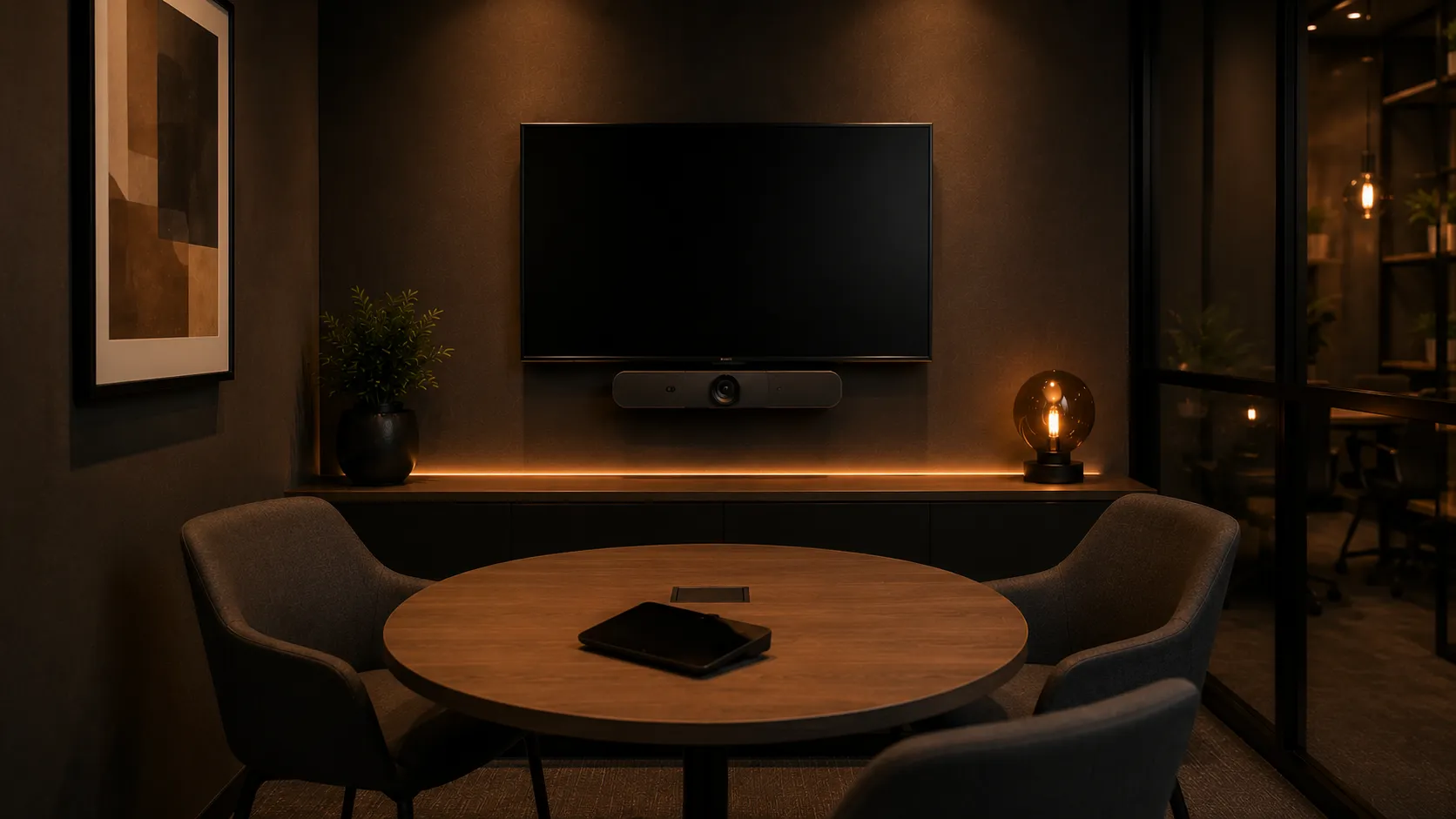 Small huddle room with Logitech video conferencing setup for 2-4 participants