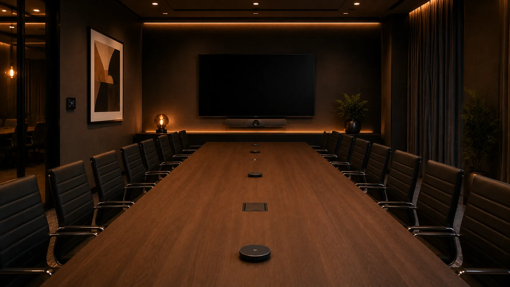 Large boardroom with Logitech Rally Bar and expansion microphones for 10-16 participants