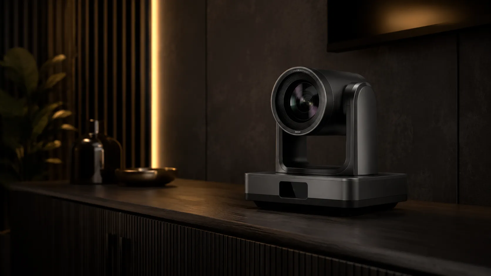 Logitech Rally Camera mounted on credenza in large conference room — silver white hardware, warm amber lighting — Kickstart Computers Australia