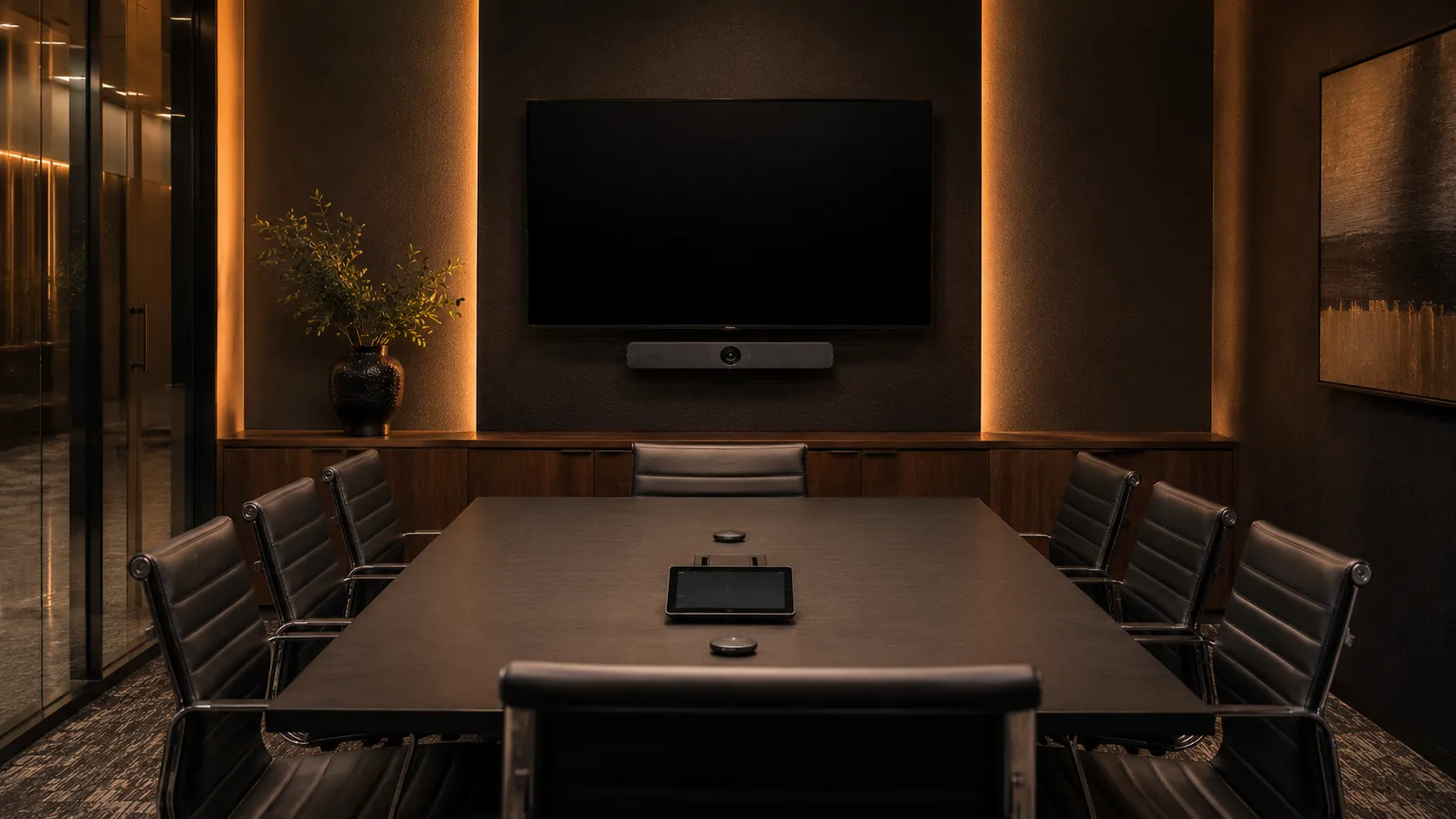 Modern Logitech video conferencing medium meeting room with Rally Bar Mini or Rally Bar system mounted below display, expansion microphones on table — Kickstart Computers Australia