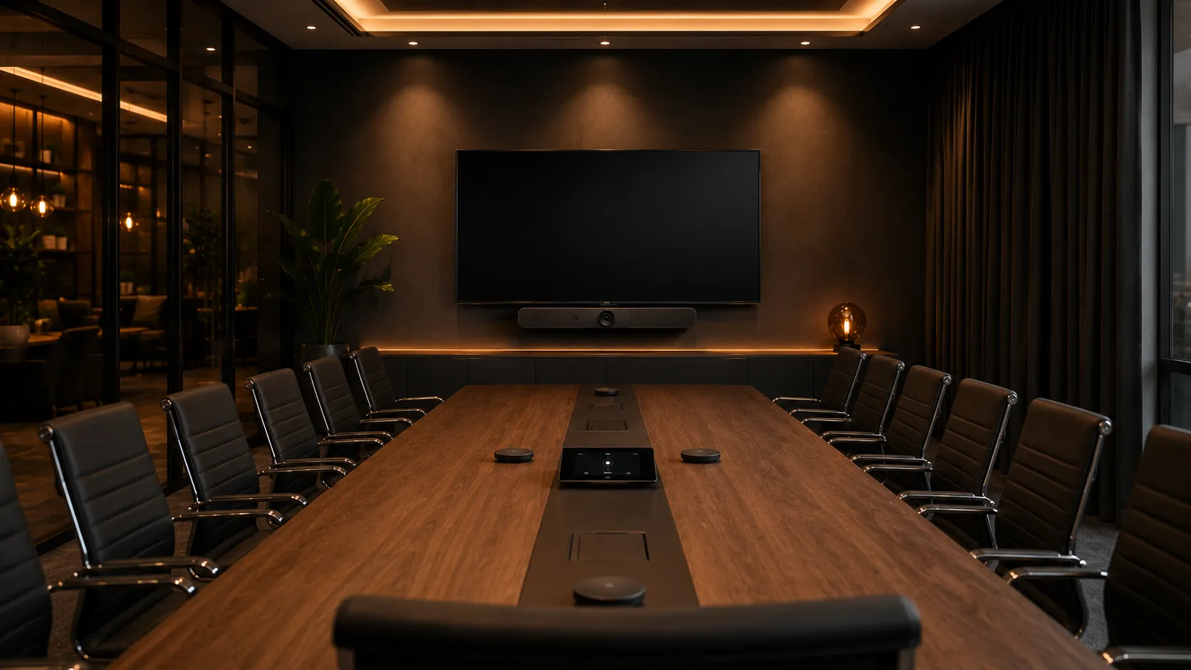 Logitech Rally Bar with expansion microphones in a large Australian boardroom