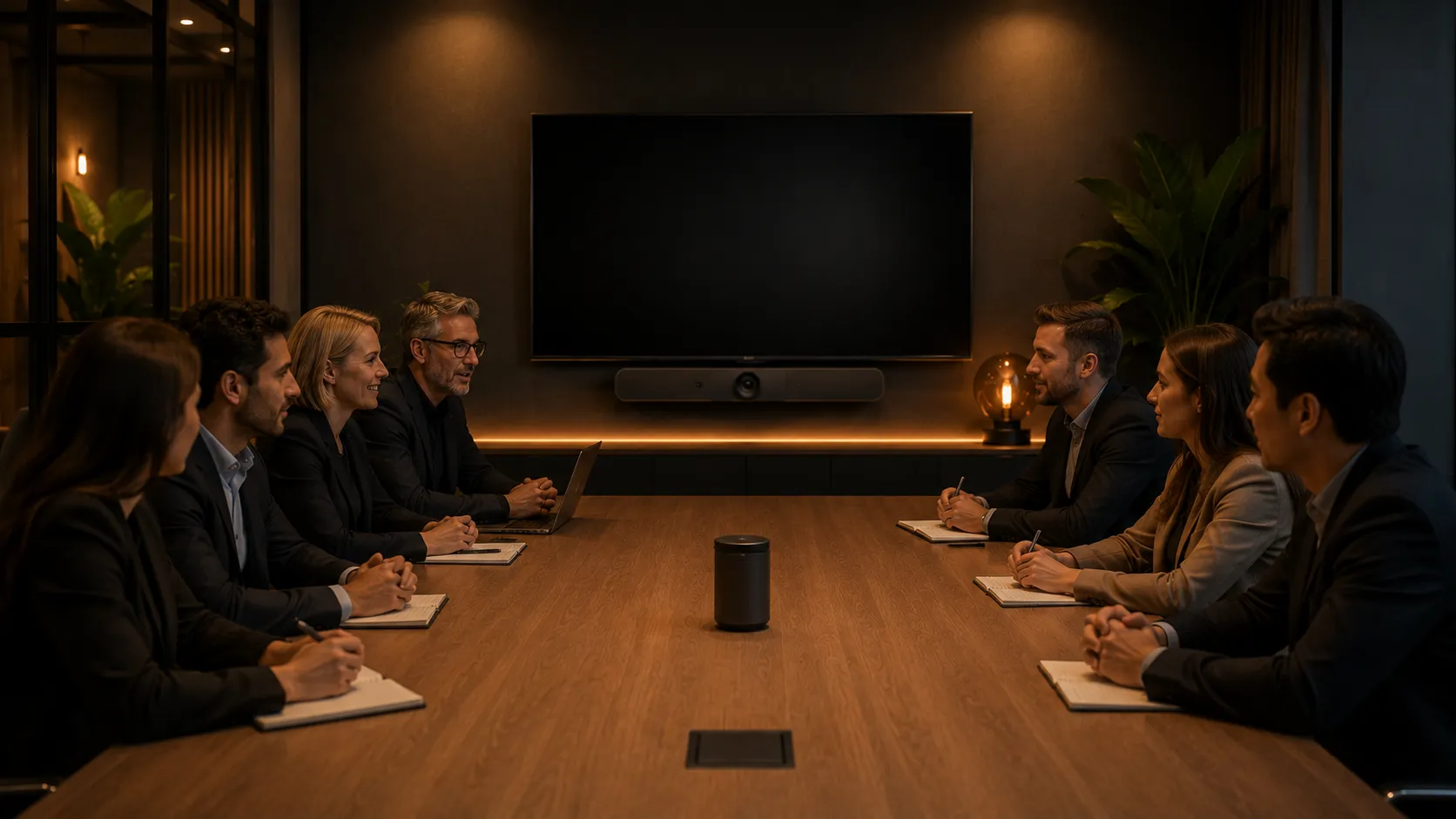 Logitech Sight centre-of-table camera in a collaborative Australian meeting room with Rally Bar mounted on wall