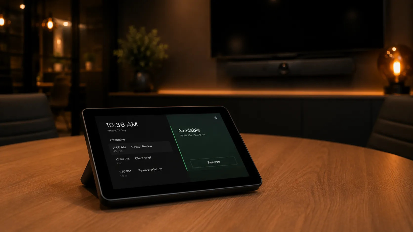 Logitech Tap IP touch controller on a meeting room table showing room scheduling interface