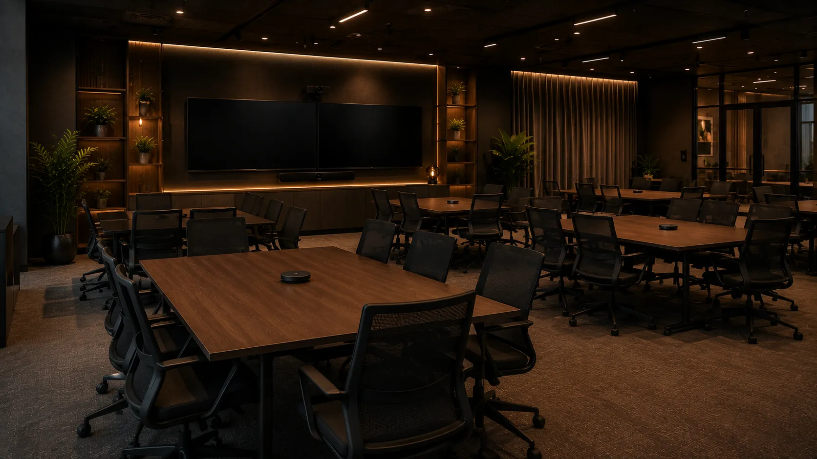 Training and collaboration space with video conferencing setup for 16 or more participants