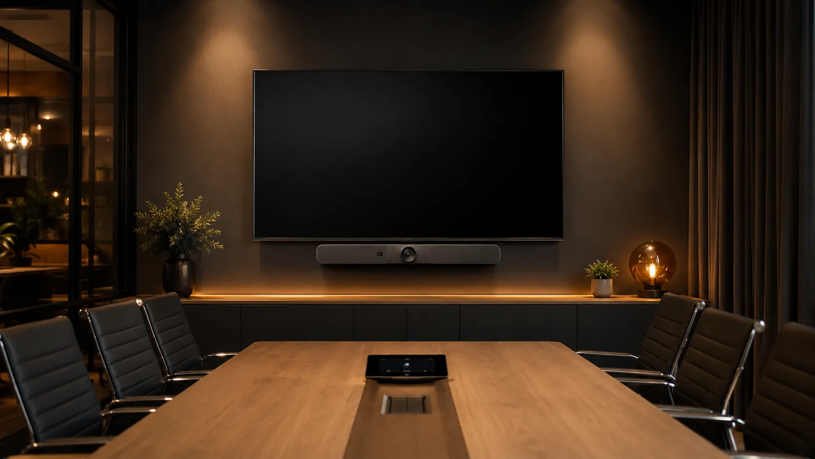 Logitech Rally Bar & Video Conferencing Systems Australia 1 Logitech Rally Bar video conferencing system installed in a modern Australian meeting room with warm ambient lighting
