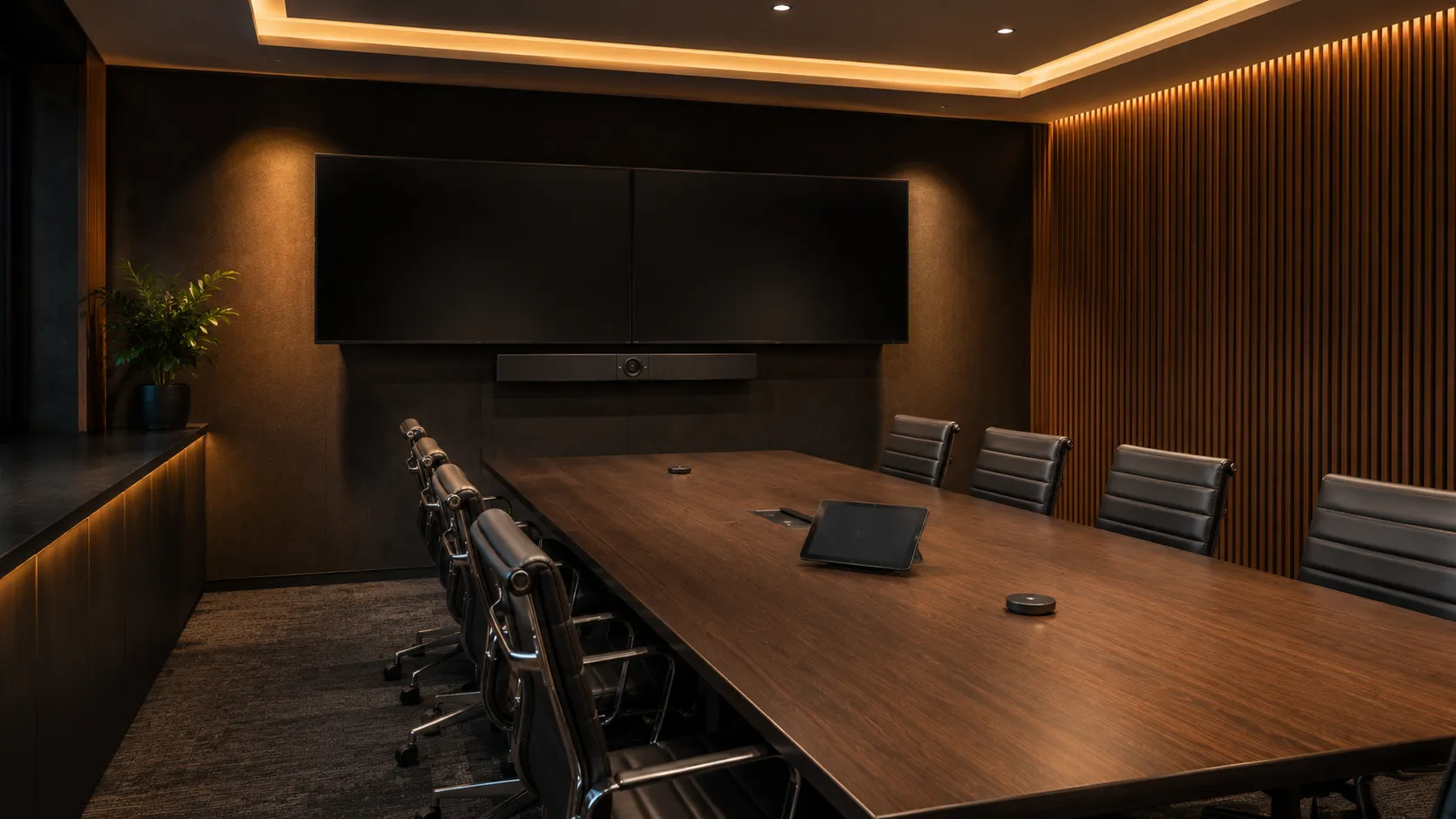 Small Meeting Room & Huddle Space Video Conferencing Australia 9 Medium meeting room with 6 to 10 person rectangular table, single or dual display setup, video conferencing bar with expansion microphones, project meeting room — Kickstart Computers Australia