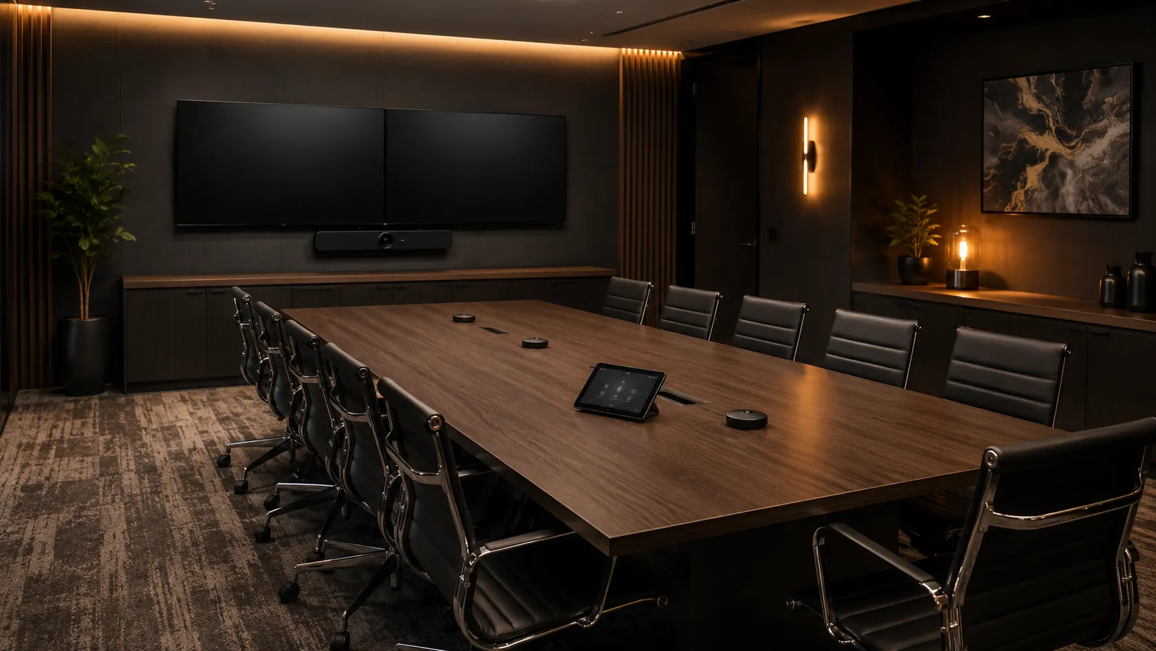 Medium Meeting Room & Conference Room Video Conferencing Australia 1 Medium meeting room and conference room with 6 to 10 seat rectangular table, video conferencing bar with expansion microphones, single or dual display, warm amber lighting — Kickstart Computers Australia