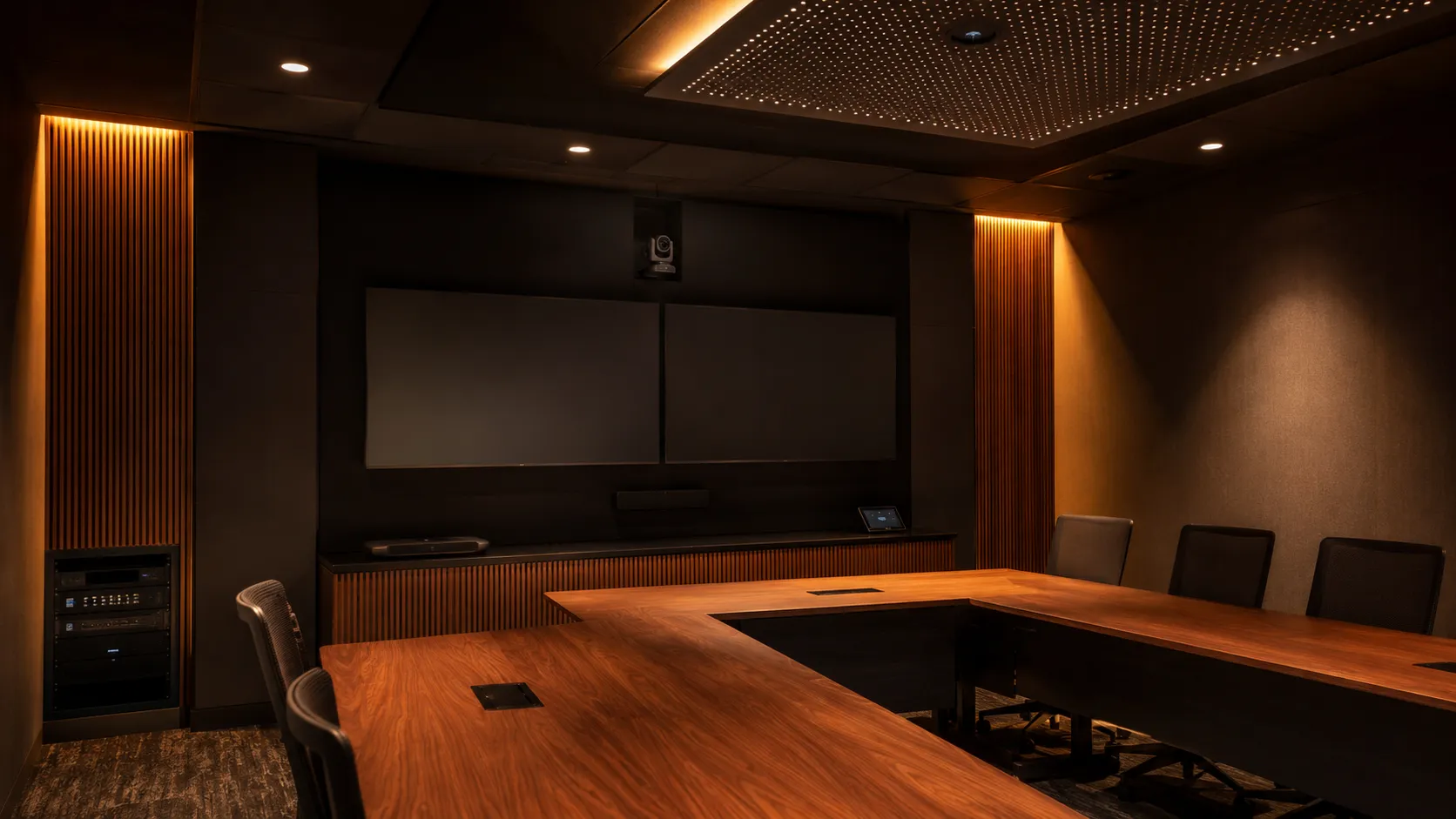 Medium Meeting Room & Conference Room Video Conferencing Australia 7 Modular component medium meeting room with separate PTZ camera, ceiling microphone array and dedicated compute unit for non-standard room layouts — Kickstart Computers Australia