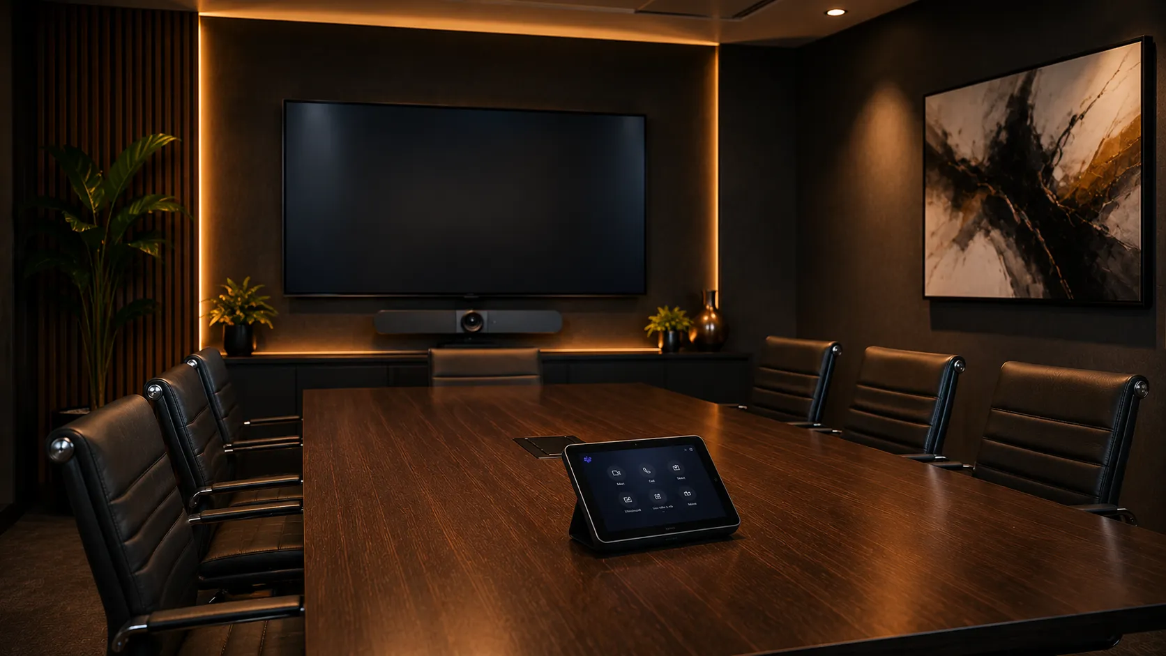 Medium meeting room Teams Rooms setup with conferencing bar and touch controller on a six-person table