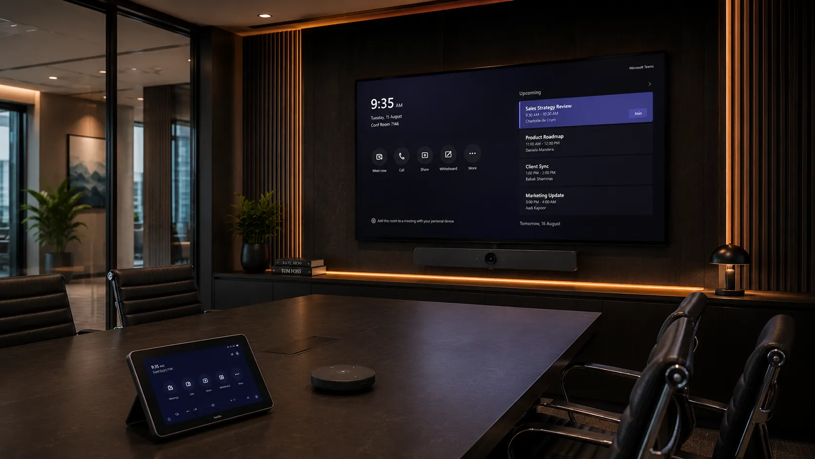 Microsoft Teams Rooms setup on a display screen in a modern Australian meeting room
