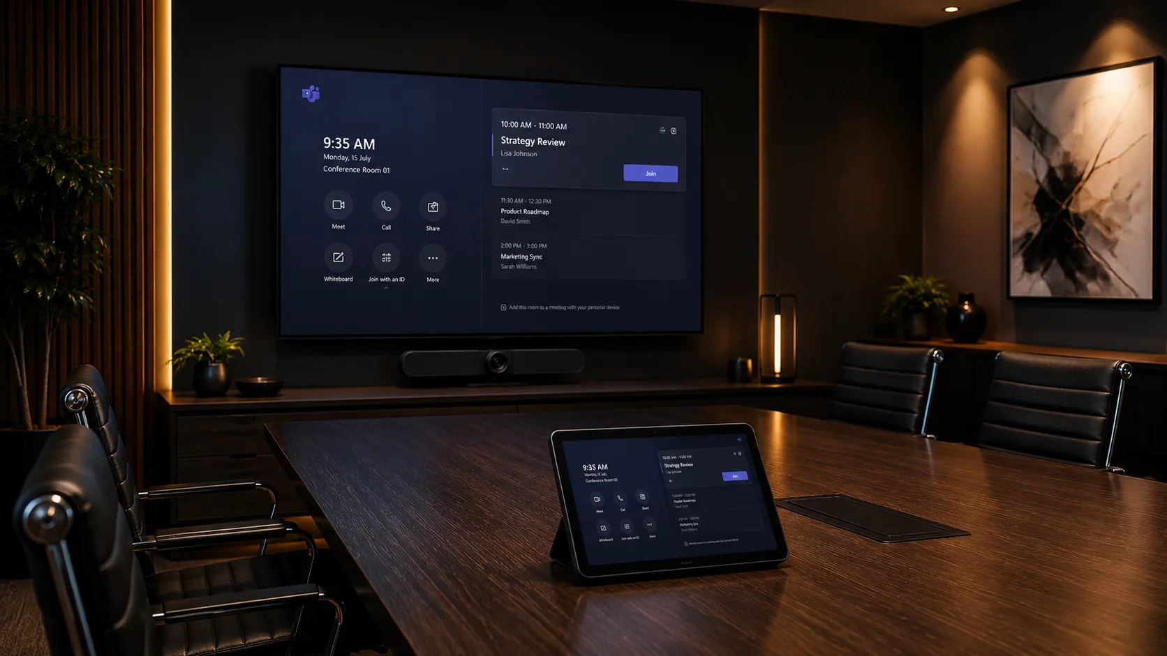 Microsoft Teams Rooms setup in a modern Australian meeting room with a large display showing the Teams Rooms interface and a touch controller