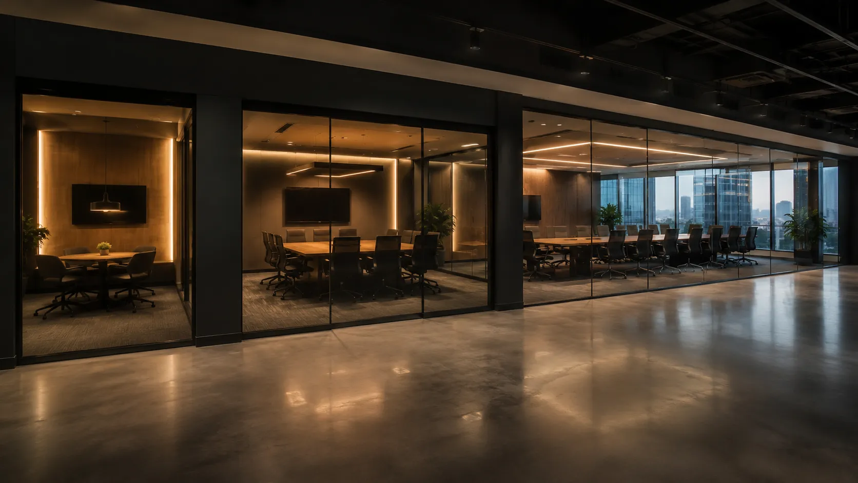 Office floor plan showing multiple meeting room types — small huddle rooms, medium conference rooms and a large meeting room — standardised AV fleet planning — Kickstart Computers Australia