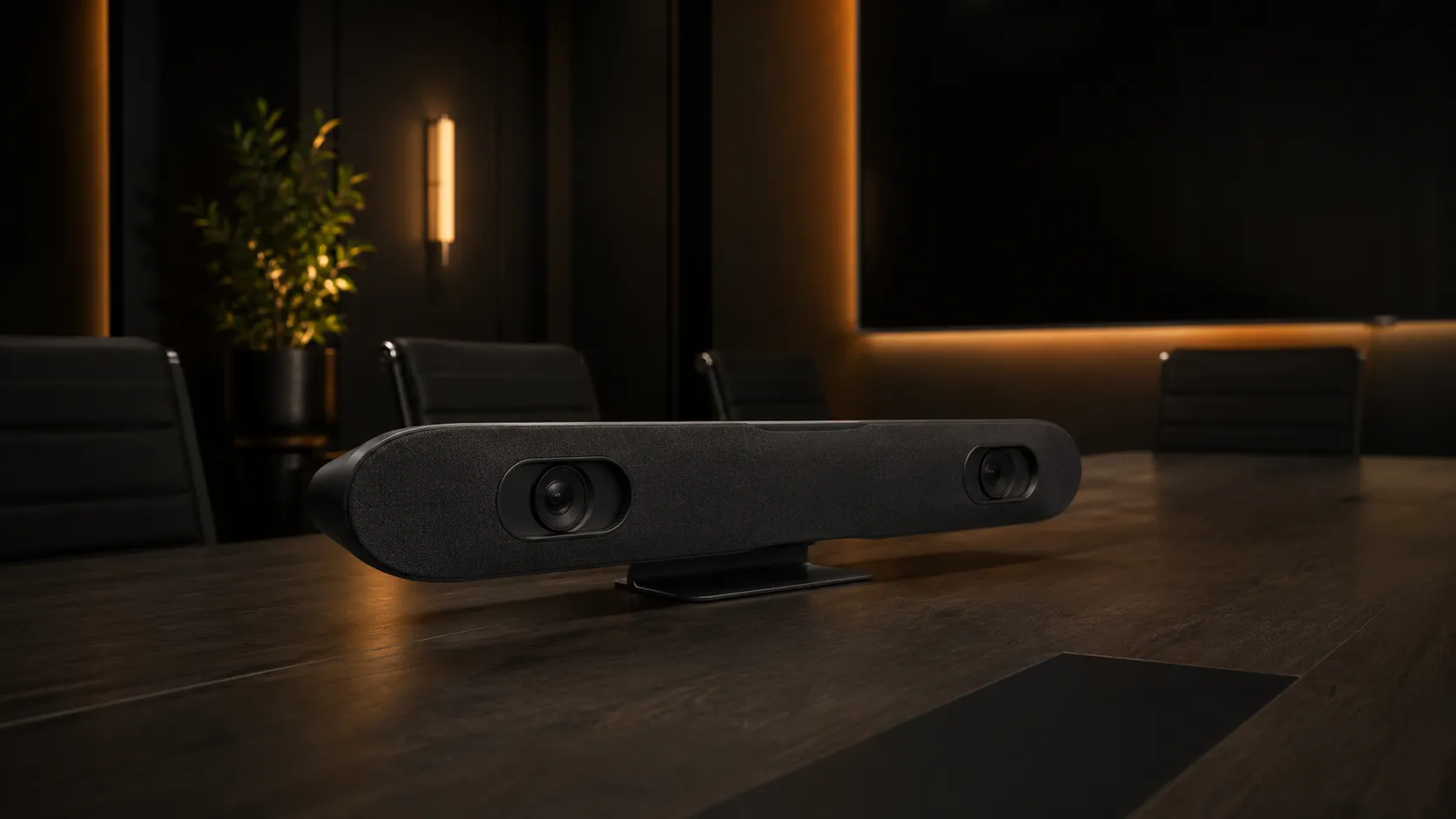 Poly Studio E70 dual camera conferencing system on large meeting room table — distinctive dual-lens form factor, warm amber lighting — Kickstart Computers Australia