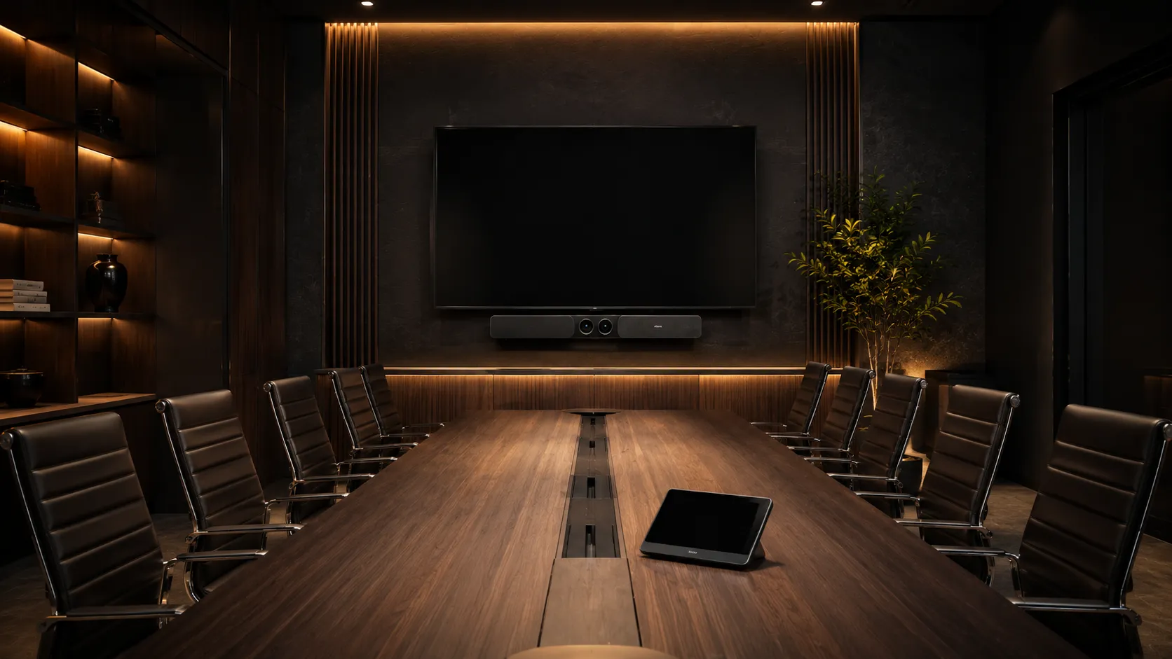 Premium Poly conference room with Studio X52 or Studio E70 dual-camera system, client-facing executive meeting environment — Kickstart Computers Australia