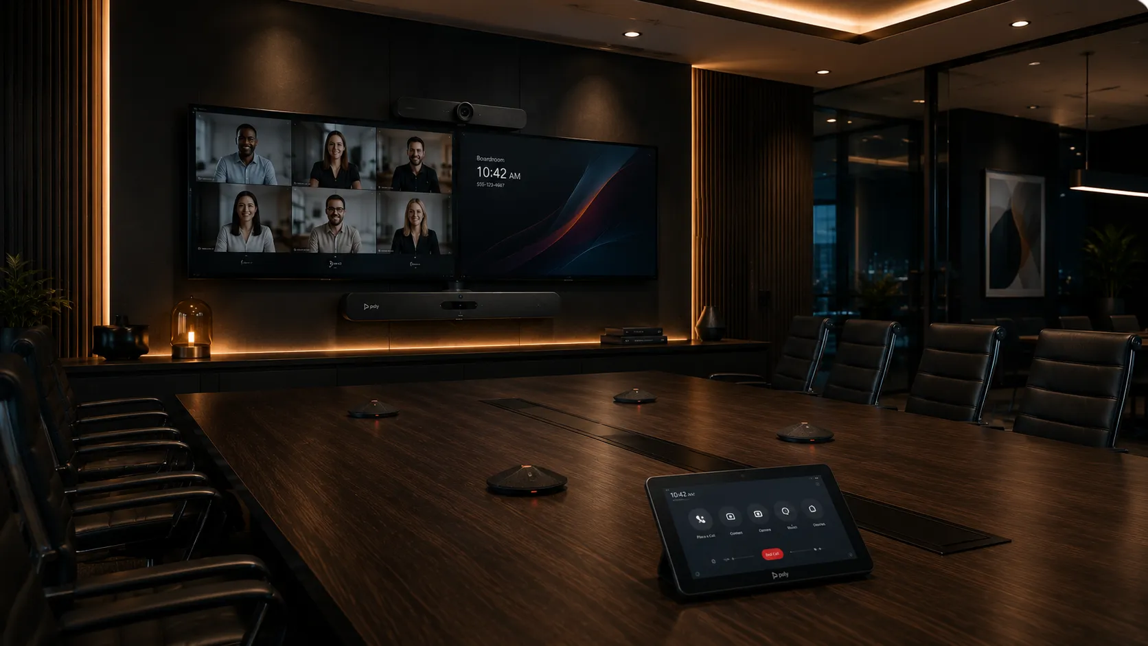 Poly conferencing system in a large glass-walled executive boardroom