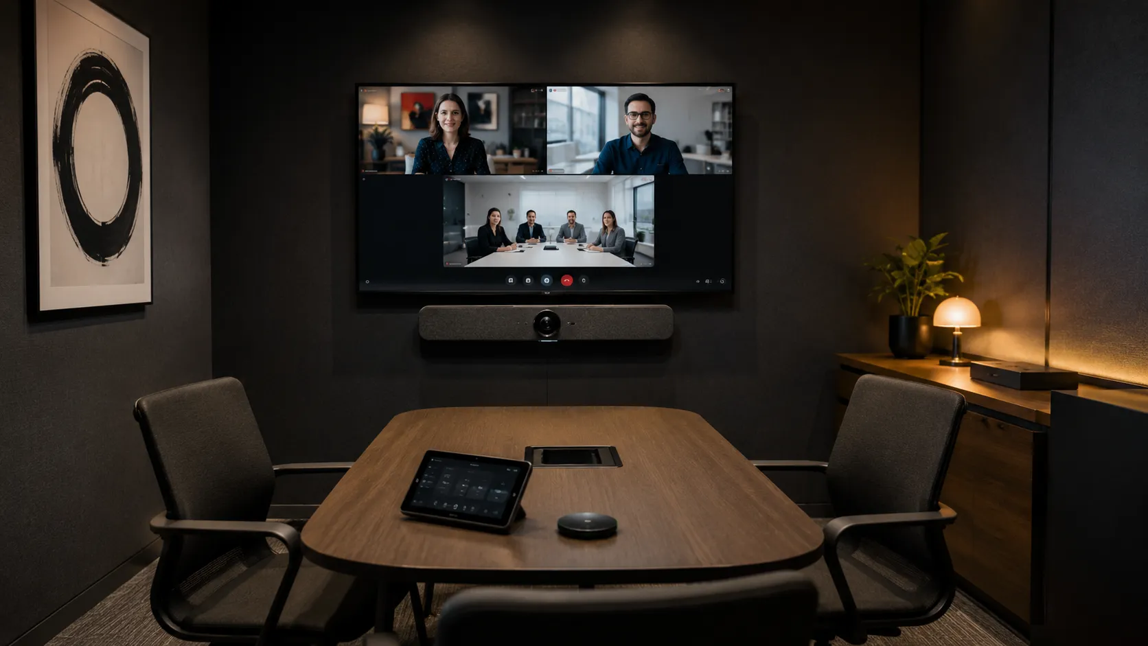 Small huddle room with all-in-one video conferencing bar and two participants in a hybrid meeting