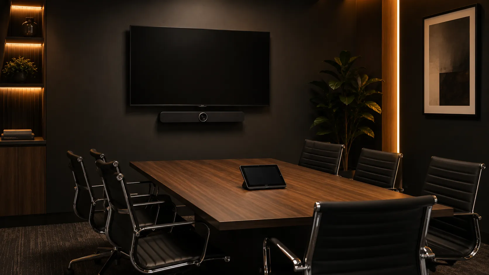 Small Meeting Room & Huddle Space Video Conferencing Australia 3 Small meeting room with 4 to 6 person rectangular table, video conferencing bar below display, touch controller on table, professional corporate setting — Kickstart Computers Australia