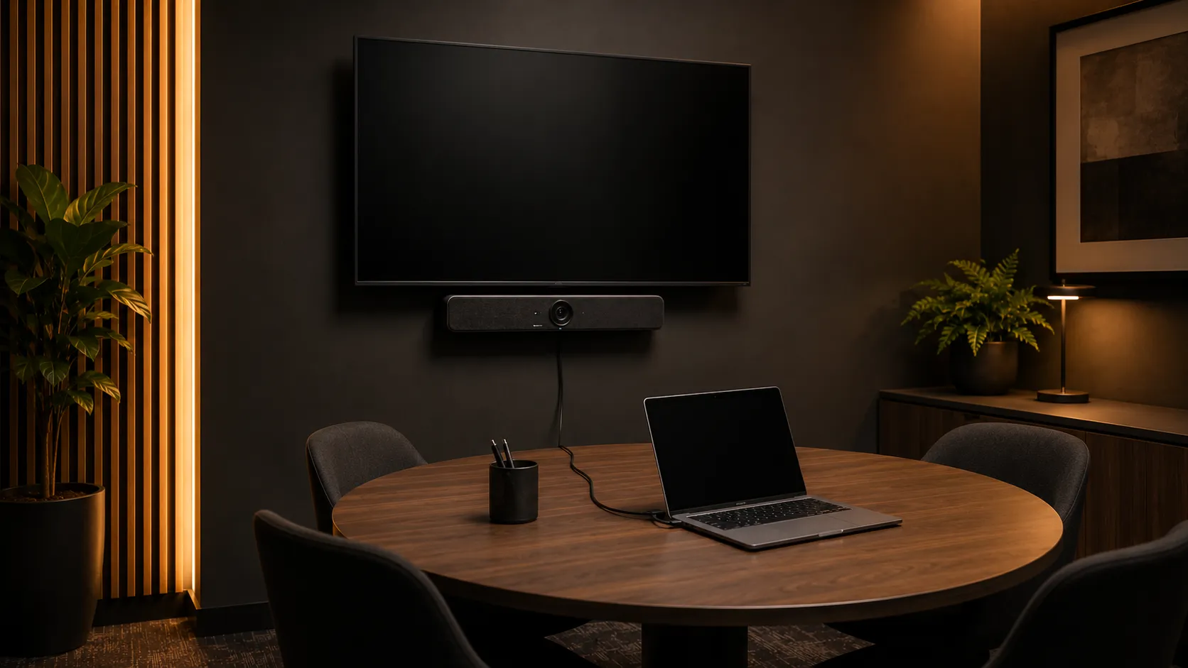 Small Meeting Room & Huddle Space Video Conferencing Australia 11 Compact USB video conferencing bar mounted below single display in small huddle space, single cable connection, laptop-based BYOD setup, warm ambient lighting — Kickstart Computers Australia