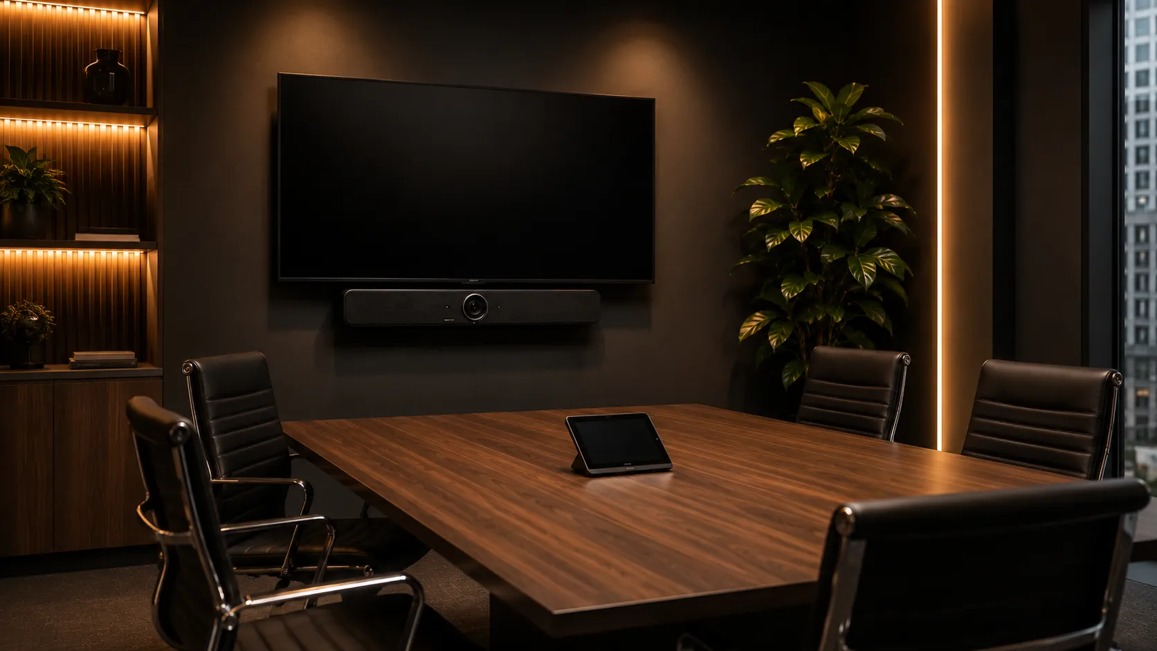 Small Meeting Room & Huddle Space Video Conferencing Australia 13 Premium all-in-one video conferencing bar in high-use client-facing small meeting room or executive office, clean below-display installation, warm amber premium corporate lighting — Kickstart Computers Australia