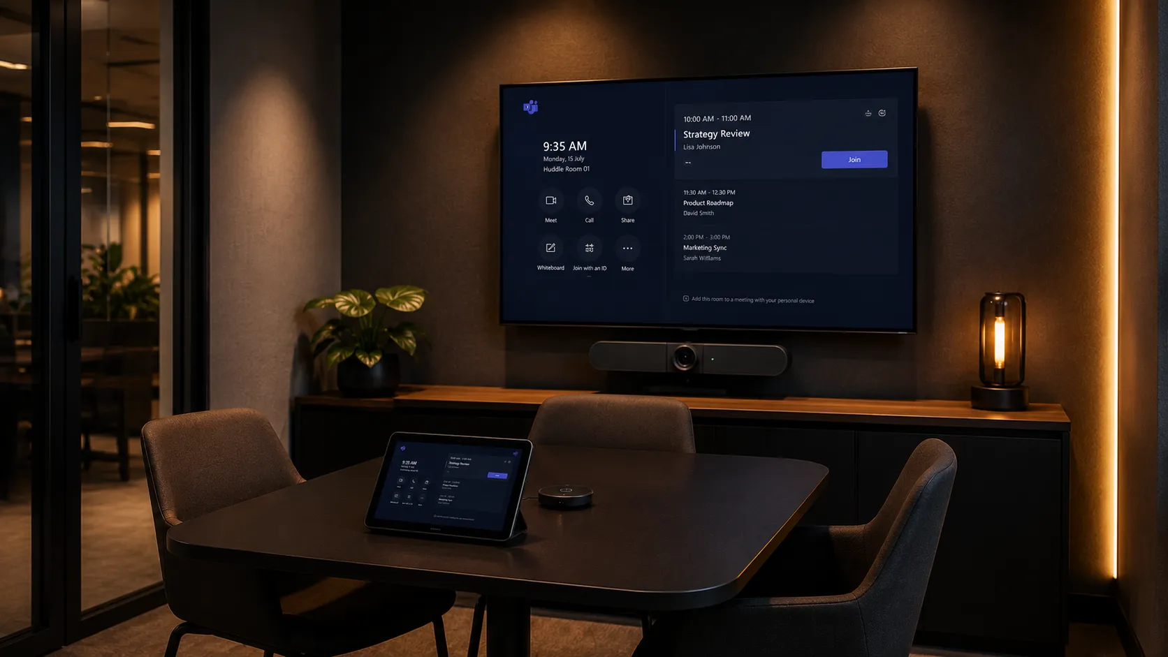 Small huddle room Teams Rooms setup with all-in-one Android conferencing bar below a display screen