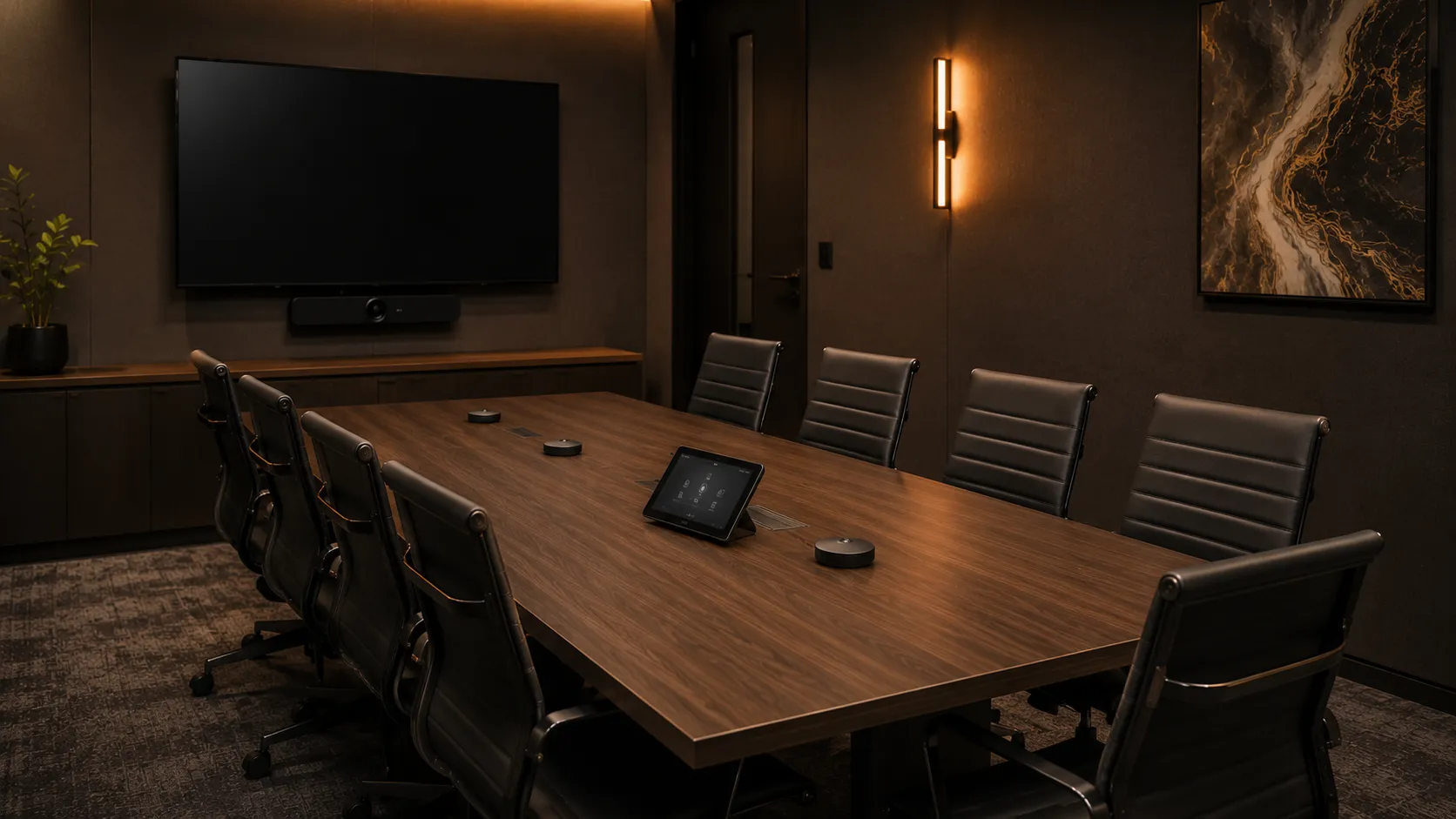 Medium Meeting Room & Conference Room Video Conferencing Australia 2 Standard medium meeting room with 6 to 8 person rectangular table, single display with conferencing bar and expansion microphones, internal project meeting setting — Kickstart Computers Australia