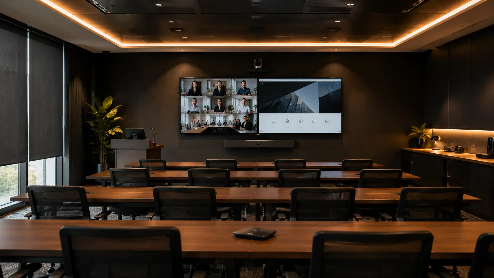 Modern training room with interactive display and wireless presentation system for hybrid collaboration