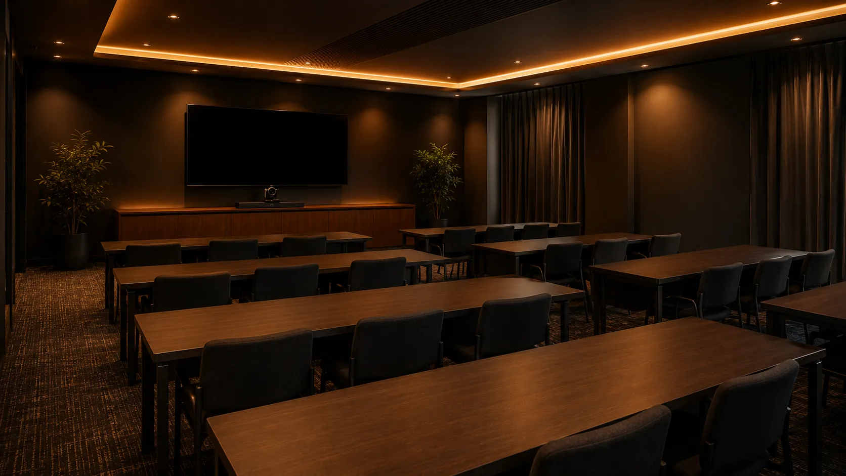 Corporate training room with rows of tables, wide-angle PTZ camera, large display screen and flexible seating for 15 to 20 — Kickstart Computers Australia