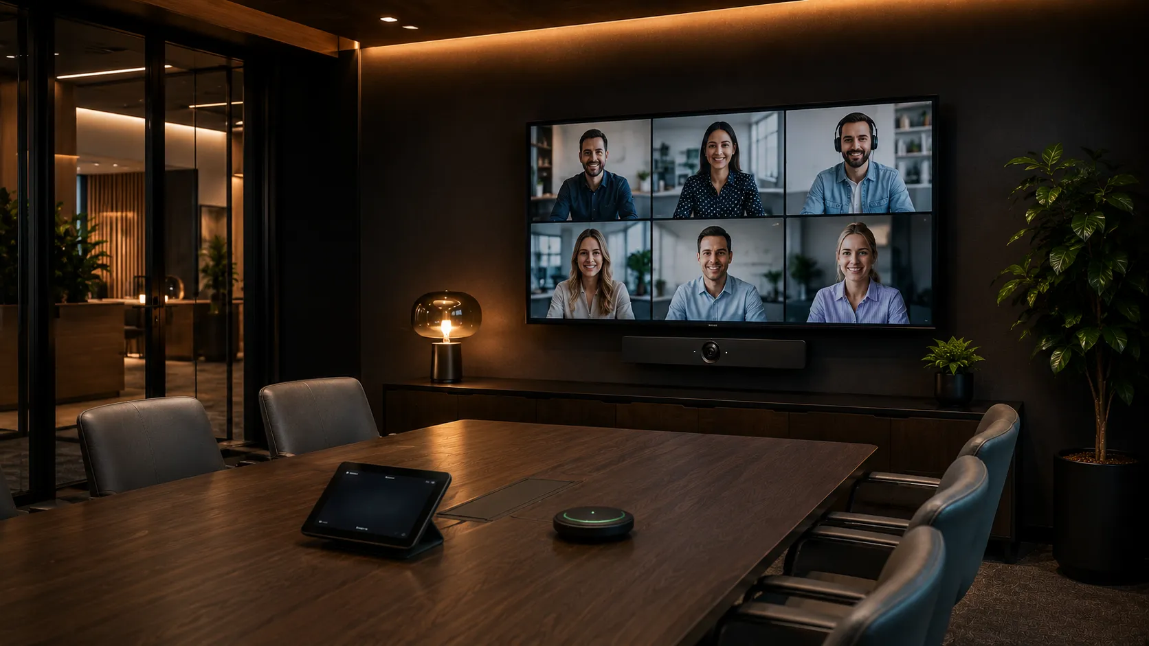 Professional video conferencing setup in an Australian corporate boardroom with a large display screen and conferencing camera bar