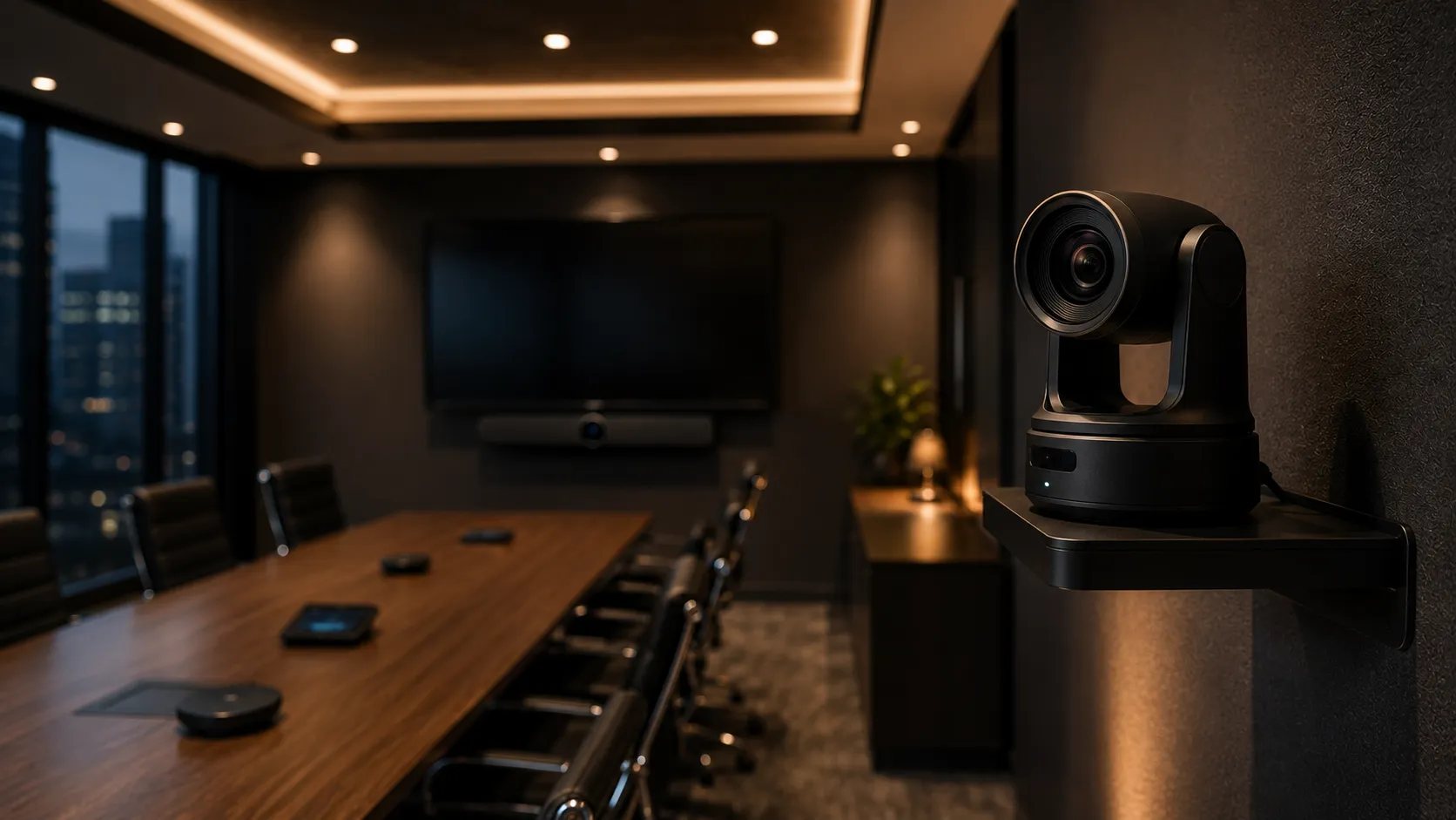 PTZ video conferencing camera on a wall mount in a corporate boardroom