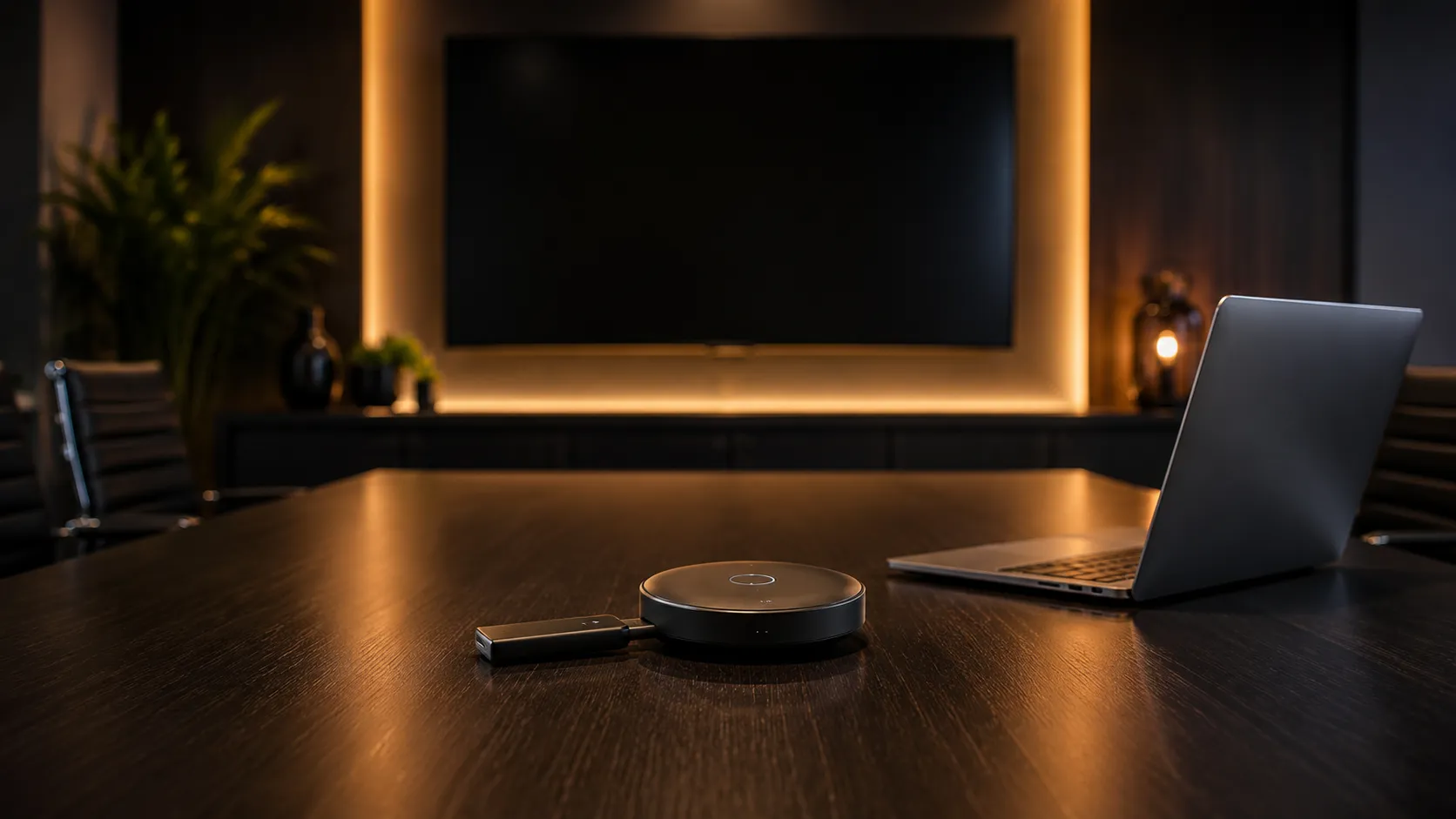 Wireless presentation dongle and hub on a meeting room table for BYOD content sharing