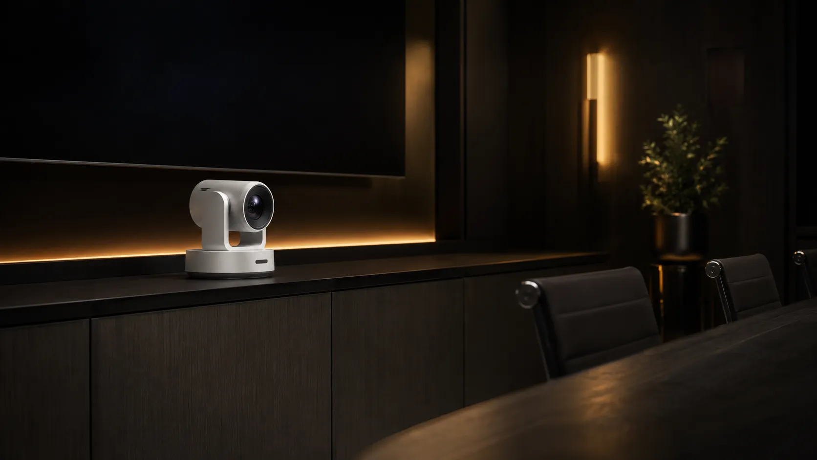 Yealink UVC86 PTZ camera on conference room credenza — dark gunmetal hardware, warm amber lighting — Kickstart Computers Australia