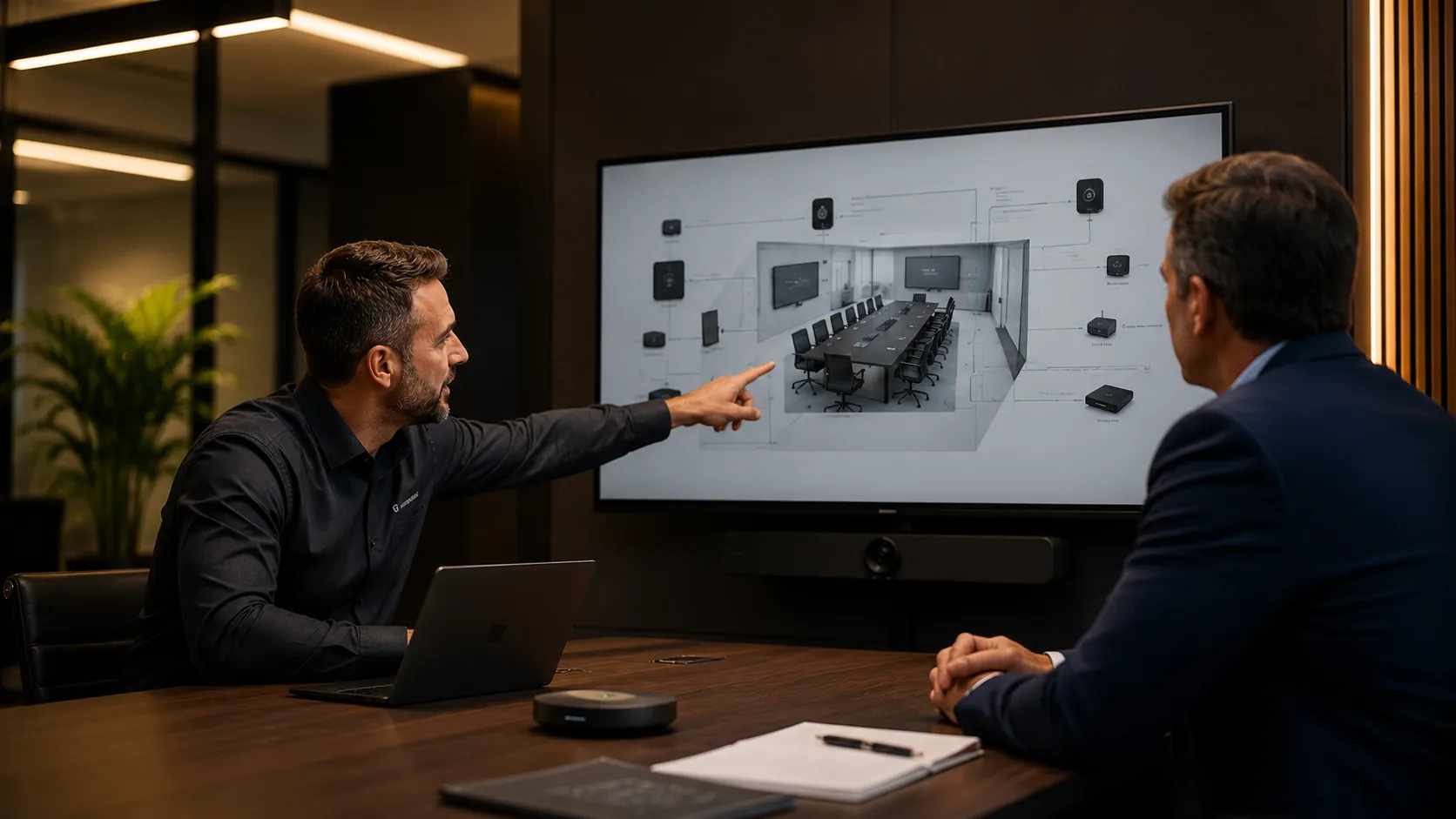 Kickstart technology specialist consulting with a client on a Yealink meeting room deployment