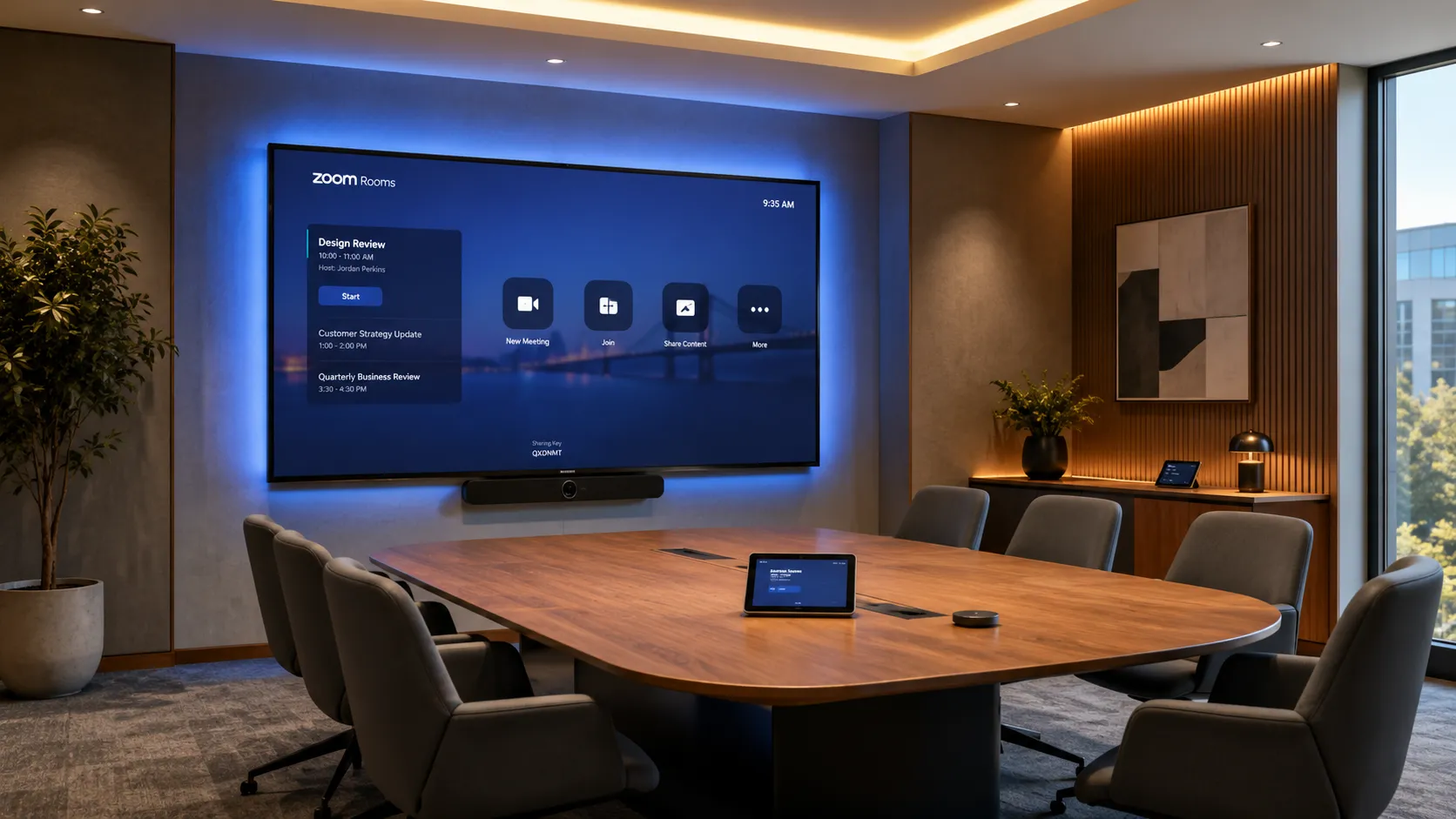 Modern collaborative meeting room with Zoom Rooms setup — single large display, rounded table, warm amber and cool-blue lighting