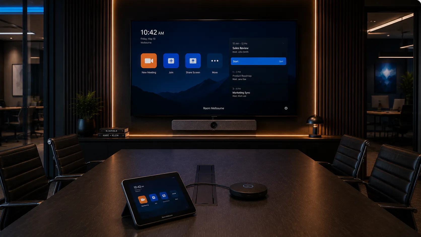 Zoom Rooms interface on a touch controller and display screen in a hybrid meeting room