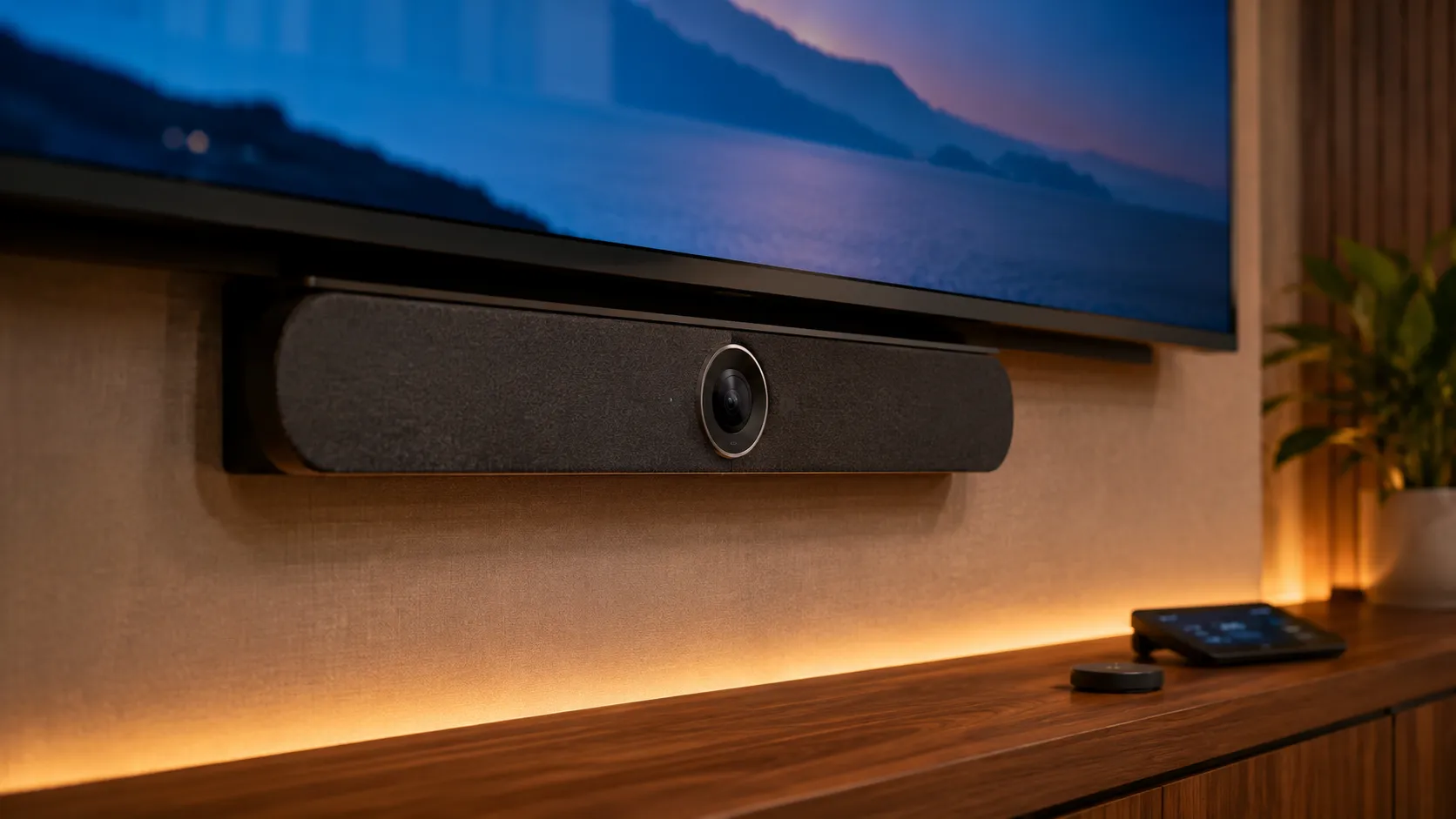 Zoom Rooms all-in-one video bar mounted below a display with neat cable management