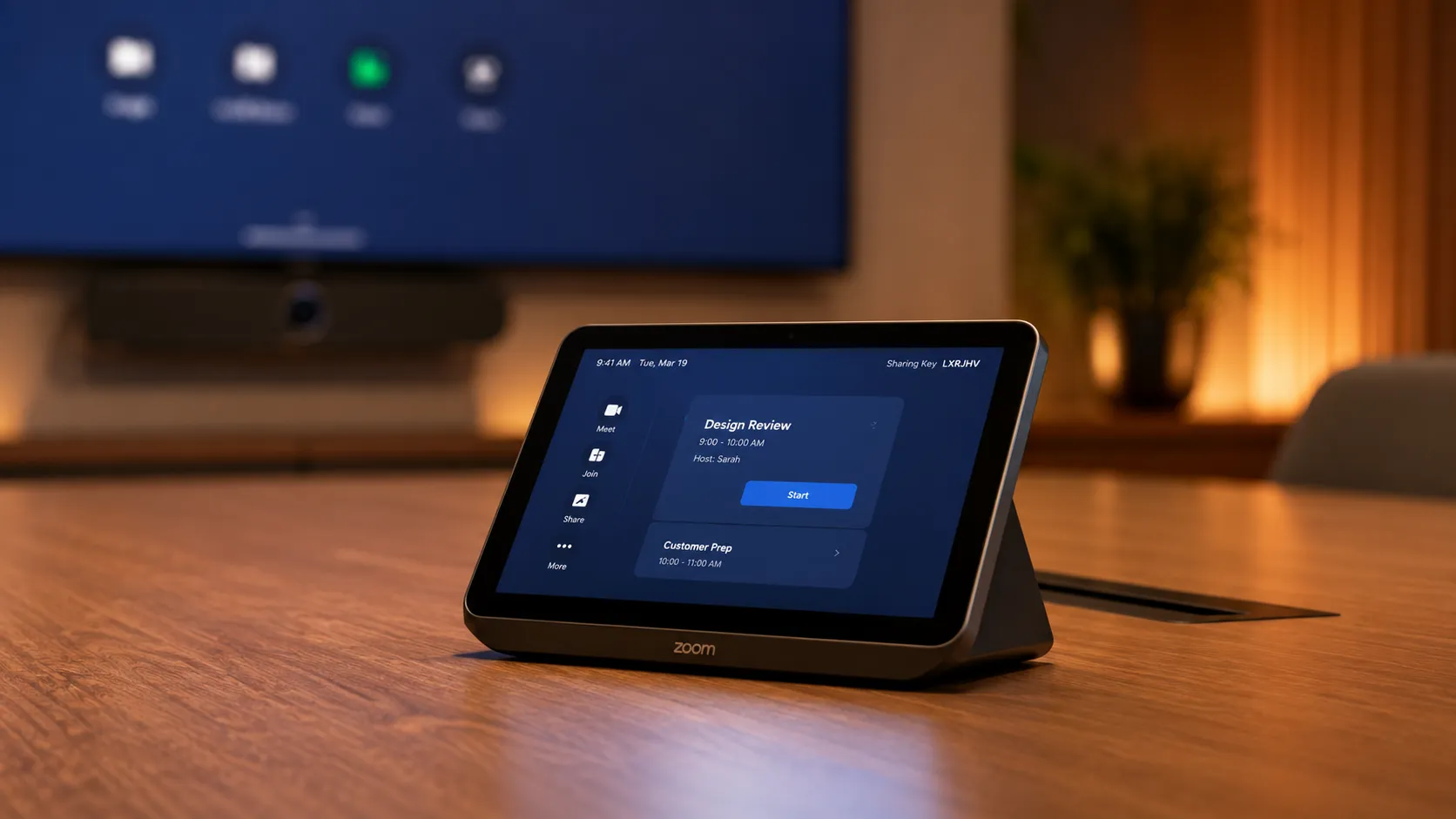 Zoom Rooms touch controller on a modern meeting room table with warm amber lighting
