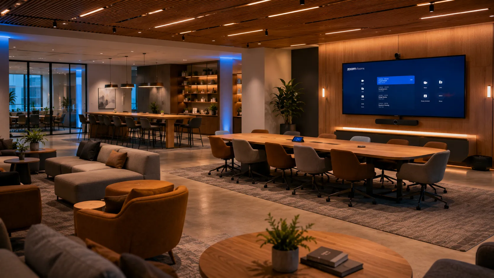 Zoom Rooms Interactive Displays & Meeting Room Solutions 3 Large collaboration space with Zoom Rooms, asymmetric composition 12 or more seats, ultra-wide display, amber and cool-blue lighting