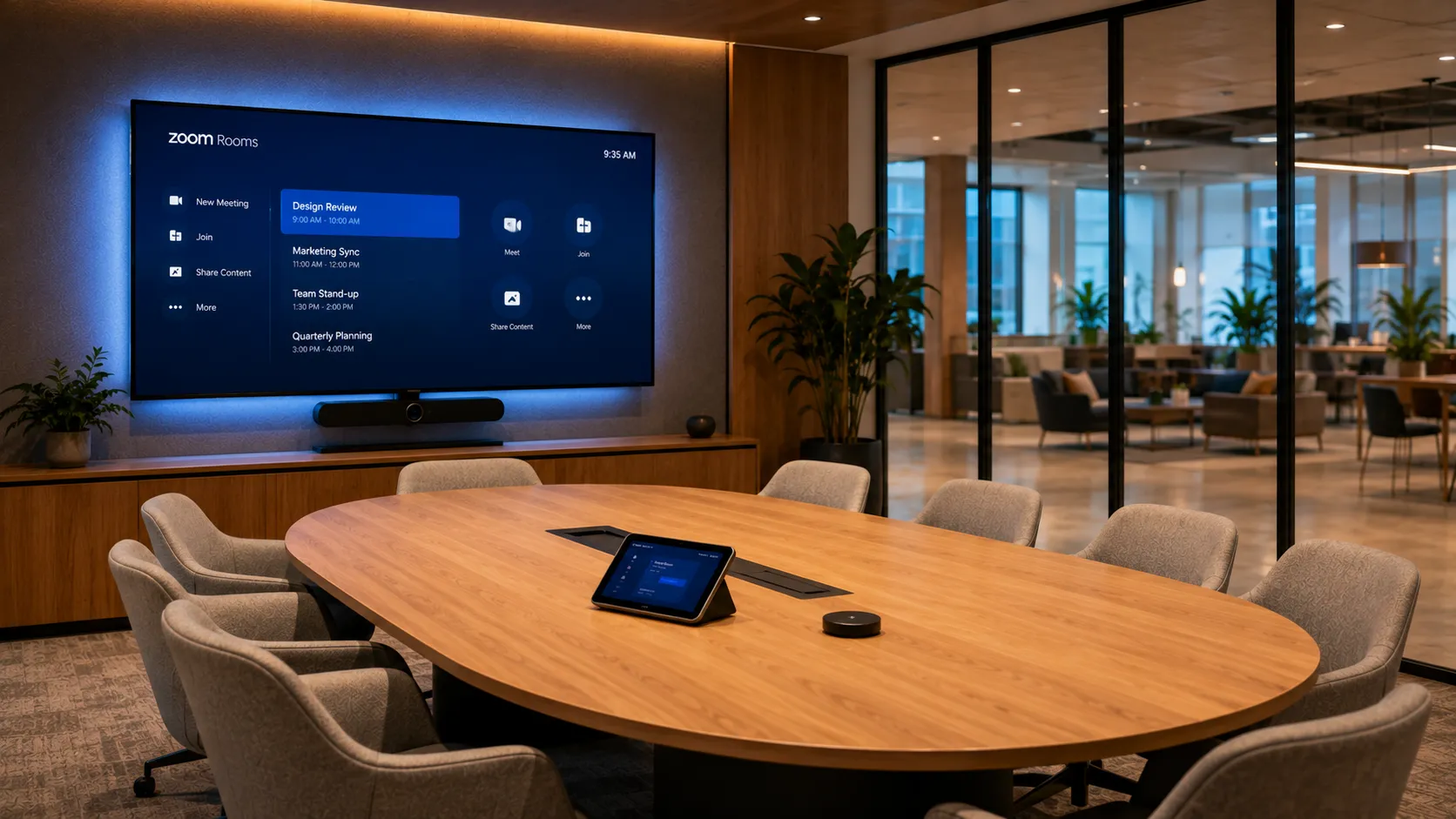 Zoom Rooms Interactive Displays & Meeting Room Solutions 2 Medium collaborative meeting room with Zoom Rooms, rounded table 6 to 8 chairs, single large display, amber and cool-blue lighting