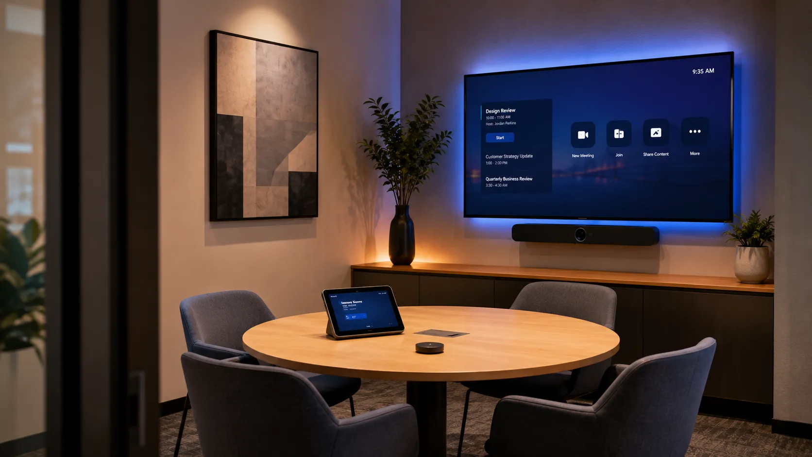 Zoom Rooms Interactive Displays & Meeting Room Solutions 1 Small collaborative huddle space with Zoom Rooms setup, compact rounded table, single display, warm amber lighting