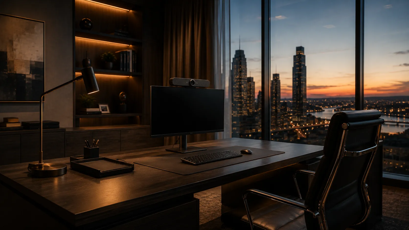 Premium CEO private office with compact Poly personal conferencing device and city view
