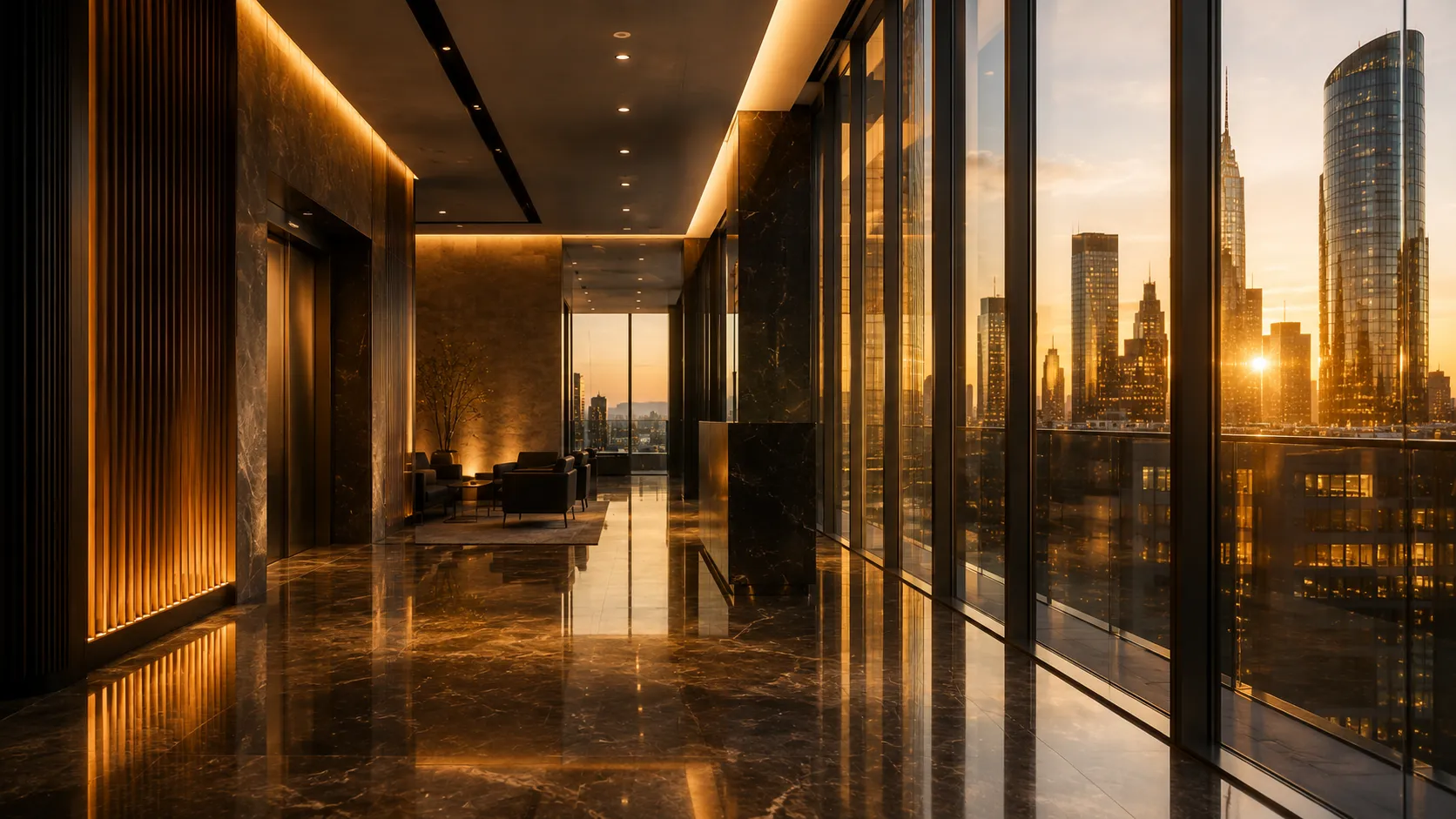 Premium corporate executive floor interior representing law firm, financial services, and government enterprise environments
