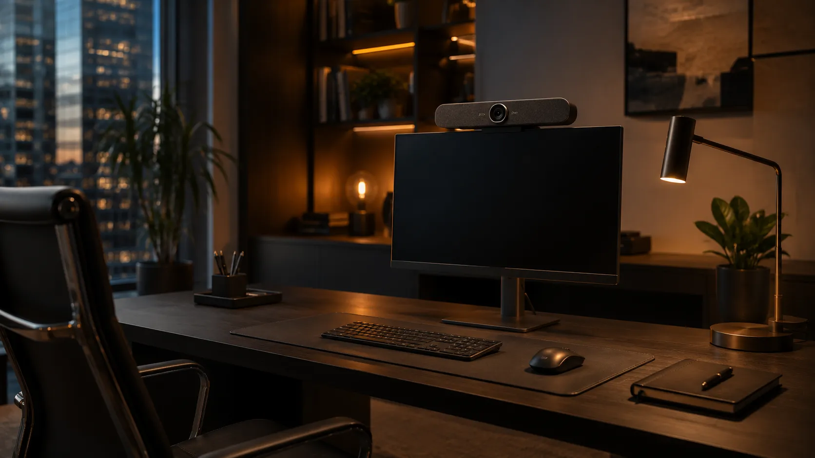 Small executive private office with Poly Studio video bar mounted on monitor for personal conferencing