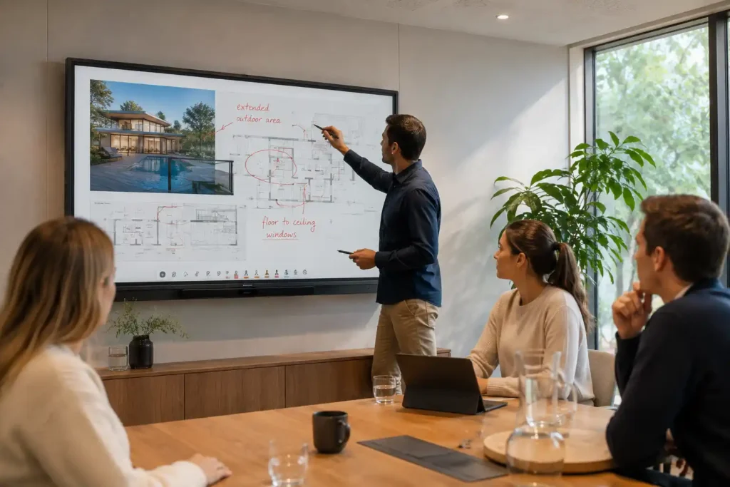 LG Digital Signage | LG Commercial Displays 3 LG CreateBoard interactive whiteboard in use during a collaboration session in a modern Australian meeting room or classroom