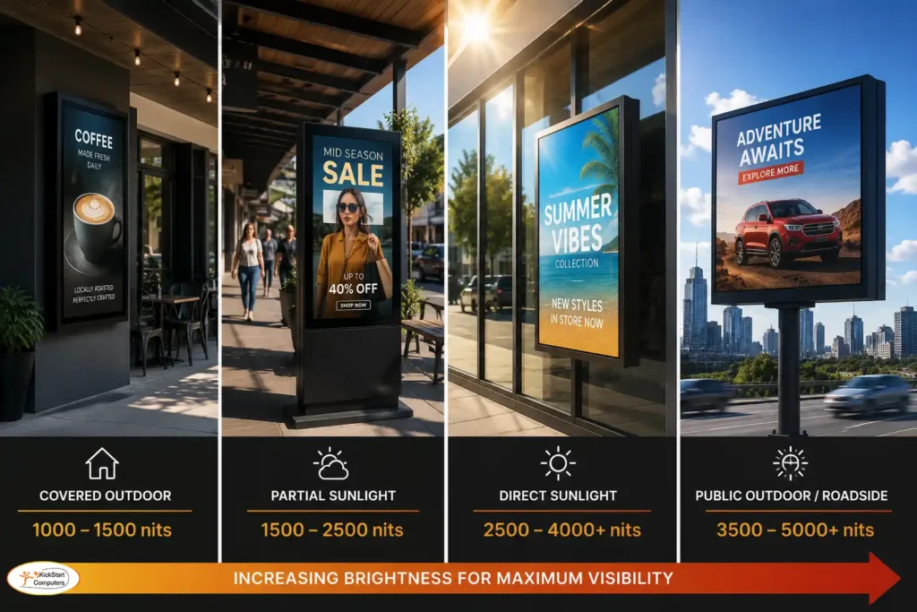 outdoor digital signage brightness versus where to use image